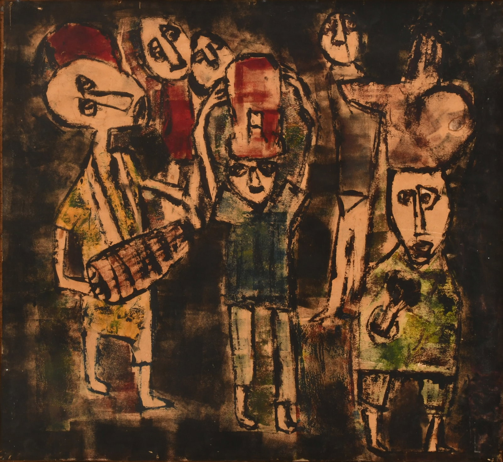 Muraina Oyelami (Nigerian, b. 1940), Abstract Figures: Muraina Oyelami (Nigerian, b. 1940) Abstract Figures oil on board signed and dated "Muraina Oyelami, Feb. 3, 1968" (verso) 30 x 32 inches (board) 31 x 34 inches (frame) Provenance: Private Collecti