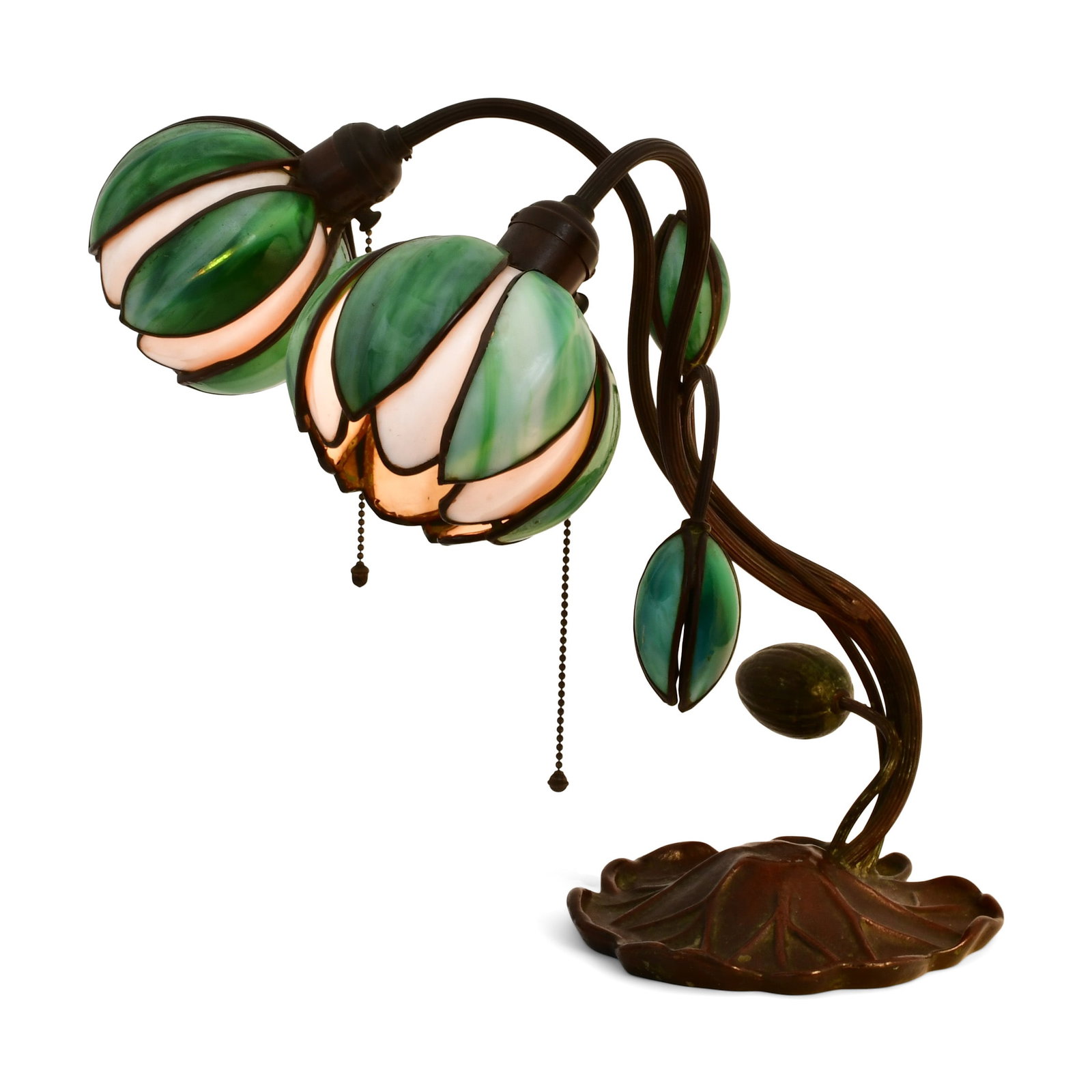 Handel "Pond Lily" Table Lamp: Handel Company (Connecticut/New York, 1885-1936) "Pond Lily" Table Lamp early 20th century patinated metal, slag glass base marked "Handel" 15 1/2 x 14 x 15 inches Provenance: Private Collection, C