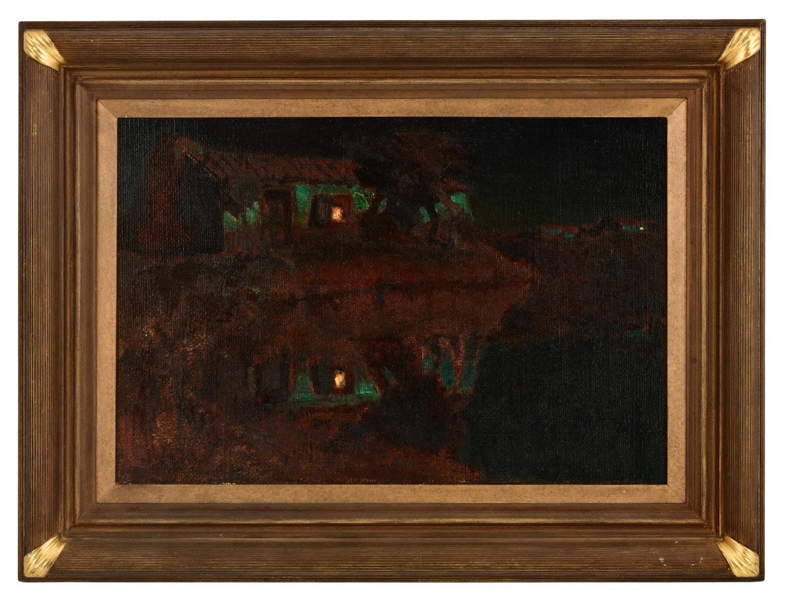Charles Rollo Peters (American, 1862-1928), Moonlit Scene with Home Reflecting on the Water: Charles Rollo Peters (American, 1862-1928) Moonlit Scene with Home Reflecting on the Water oil on canvas signed lower left 16 1/4 x 24 1/4 inches (canvas) 24 x 32 inches (frame) Provenance: The