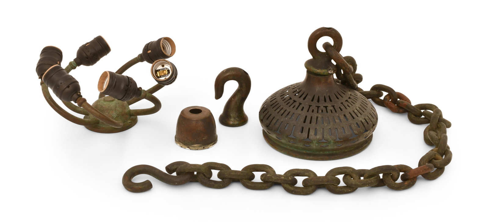 Tiffany Studios, Lot of Hanging Lamp Parts: Tiffany Studios Lot of Hanging Lamp Parts circa 1910 patinated bronze 40 1/2 inches long (chain) Provenance: Property from a Northeast Collector Other Notes: Fontaine's Auction Gallery can arrange shi