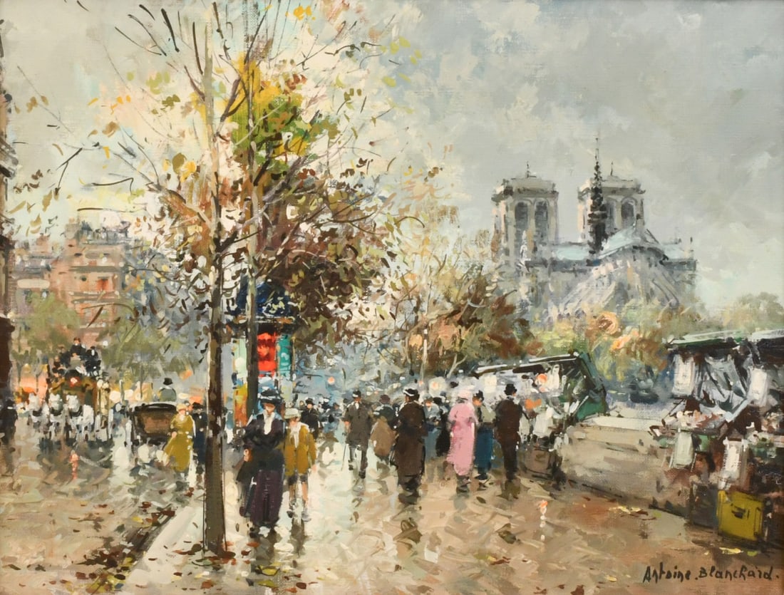 Antoine Blanchard (French, 1910-1988), "Notre Dame, Les Bouquinistes, Paris": Antoine Blanchard (French, 1910-1988) "Notre Dame, Les Bouquinistes, Paris" oil on canvas signed "Antoine Blanchard" (lower right); and inscribed "Notre Dame, Les Bouquinistes, Paris" (verso) 13 x 18 