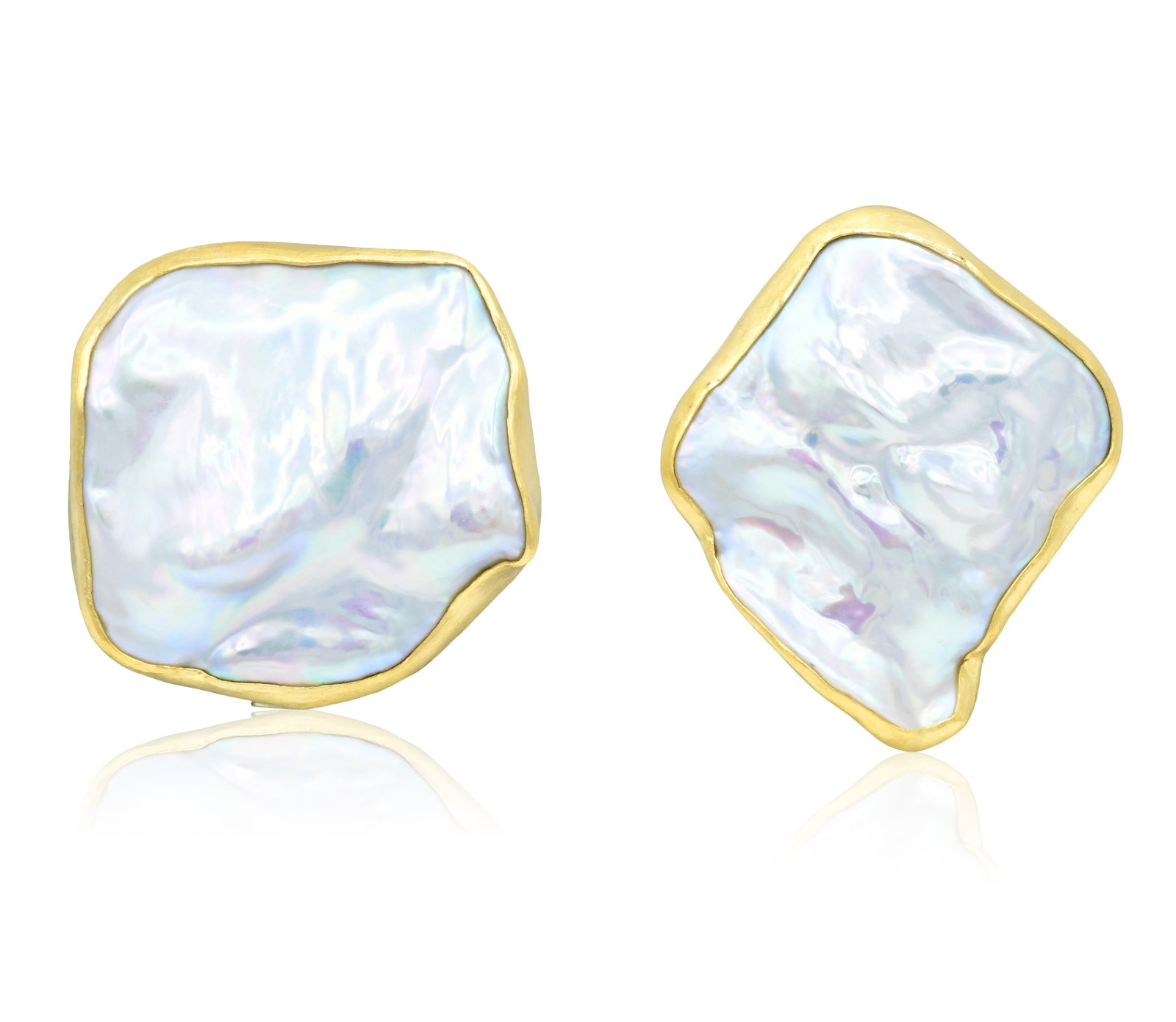 Betsy Fuller 18K & 24K Yellow Gold Freshwater Pearl Earrings: Betsy Fuller 18K & 24K Yellow Gold Freshwater Pearl Earrings • featuring baroque freshwater Keshi pearls measuring approximately 22 x 23 mm • 1 1/4 & 1 1/8 inches (lengths) • 16.0 dw