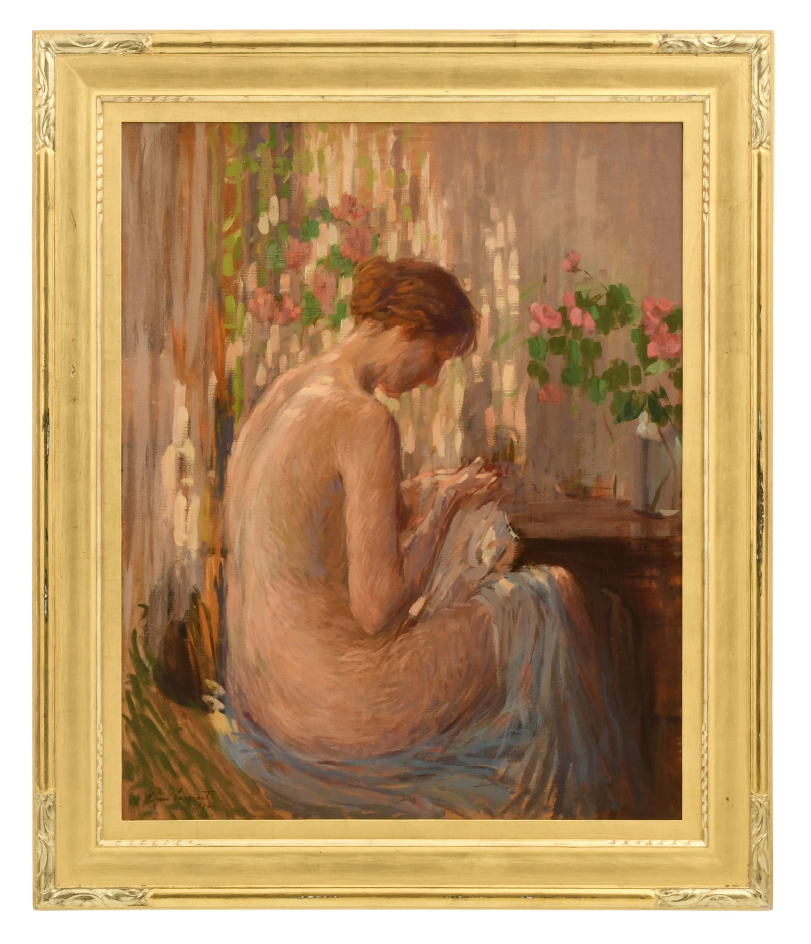 Geneve Rixford Sargeant (American, 1868-1957), Seated Female Nude: Geneve Rixford Sargeant (American, 1868-1957) Seated Female Nude oil on canvas signed and dated "Geneve Sargeant, 1916" (lower left) 30 x 24 inches (canvas) 37 x 31 1/4 inches (frame) Provenance: T