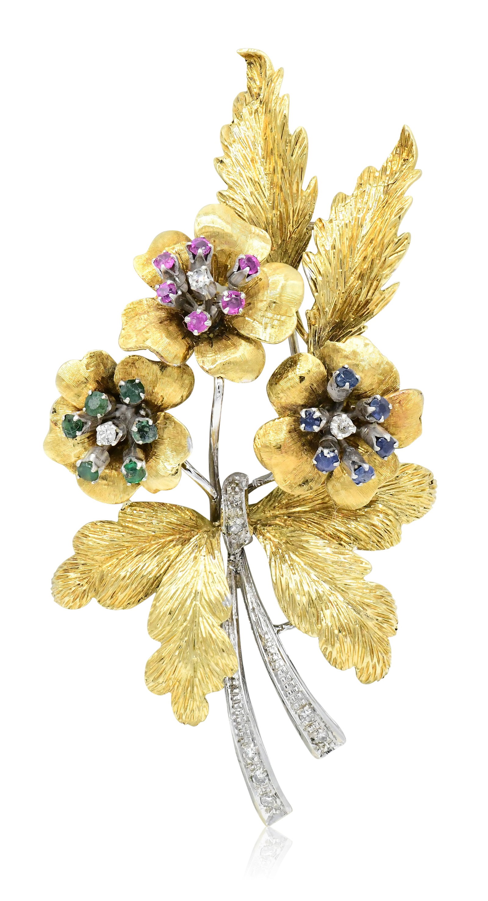 18K Yellow Gold, White Gold, Diamond, Sapphire, Ruby & Emerald Floral Brooch (1 of 3)