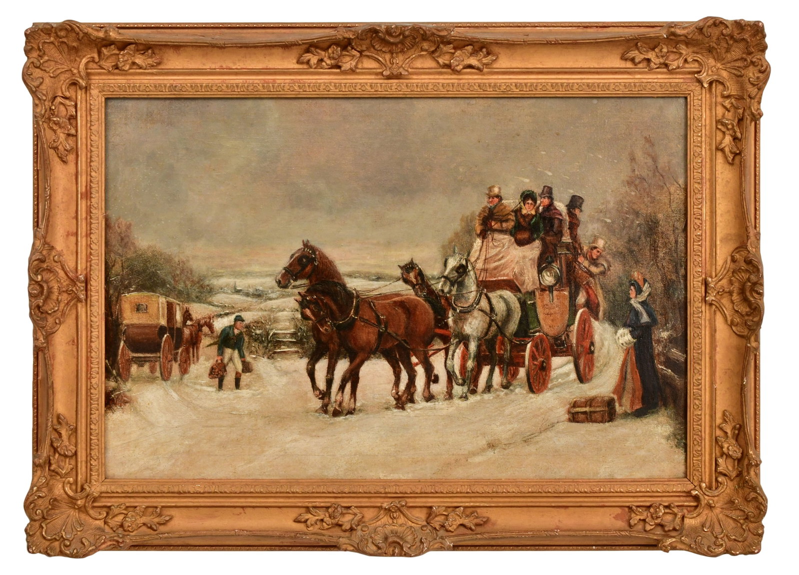 Old Stratford Coach Ride, Oil on Canvas, Late 19th Century: Old Stratford Coach Ride, Oil on Canvas, Late 19th Century 16 x 24 inches (canvas) 21 1/2 x 29 1/2 inches (frame) Provenance: Private Collection, New Jersey