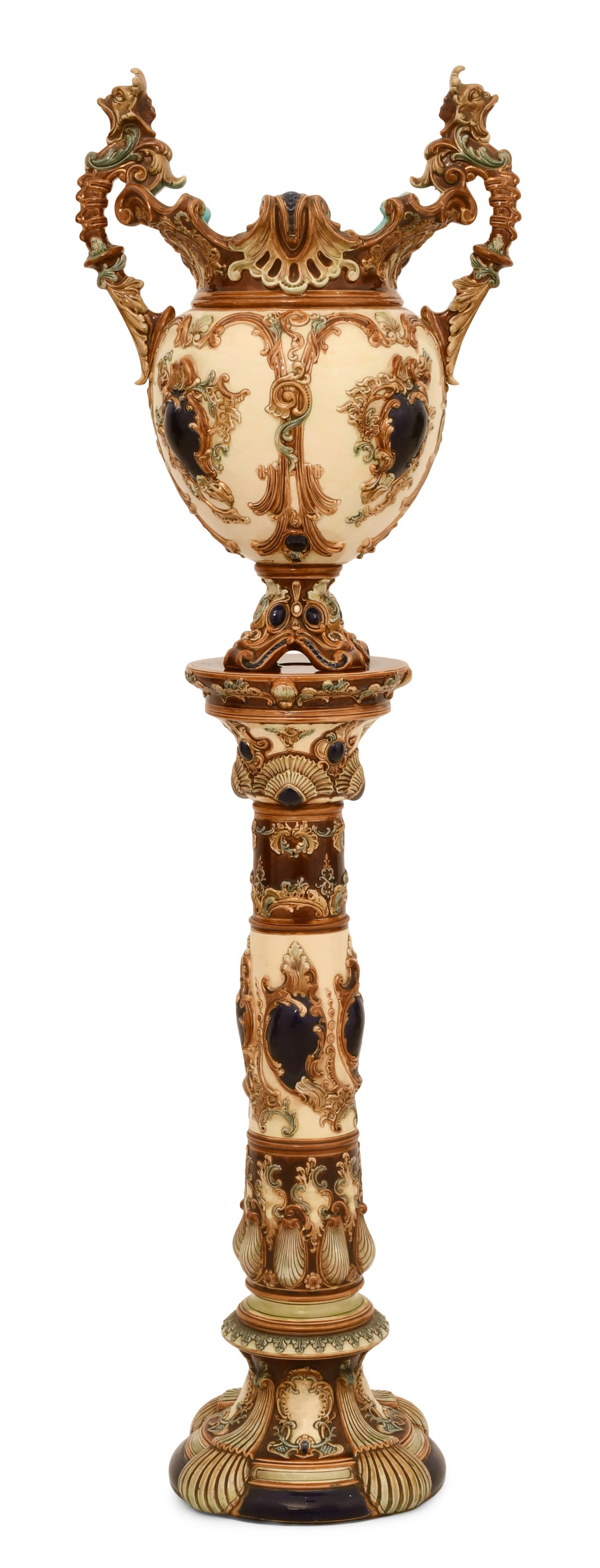 Wilhelm Schiller & Sons Majolica Jardiniere & Pedestal: Wilhelm Schiller & Sons Majolica Jardiniere & Pedestal 19th century each signed with firm's mark and "Made In Austria" 59 x 18 x 12 inches