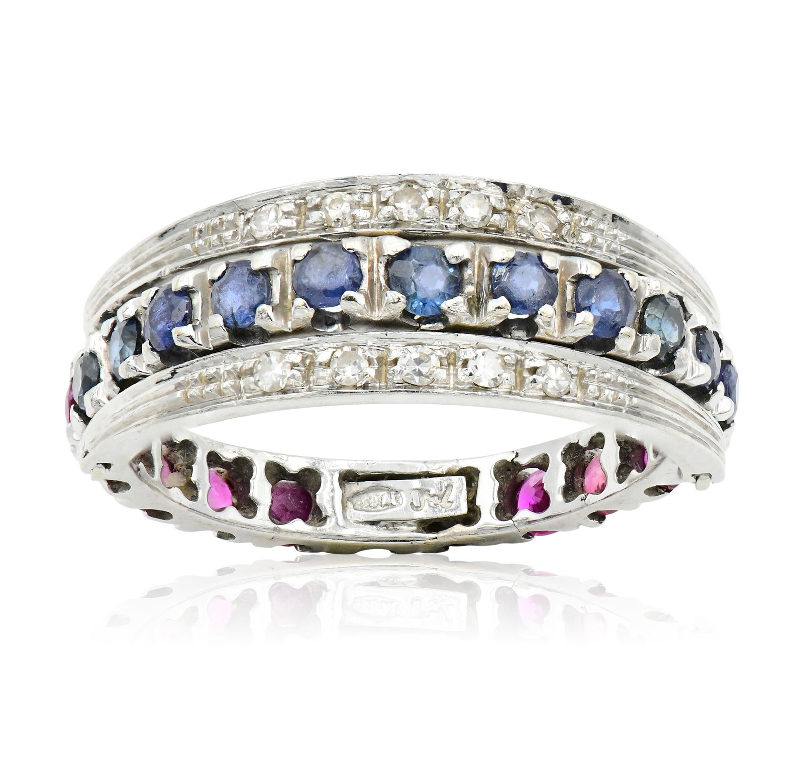 18K White Gold, Diamond, Ruby & Sapphire Flip Ring: 18K White Gold, Diamond, Ruby & Sapphire Flip Ring • set with faceted round sapphires and rubies weighing a total of 1.10 carats • accented by single cut diamonds weighing a total of 0.10 
