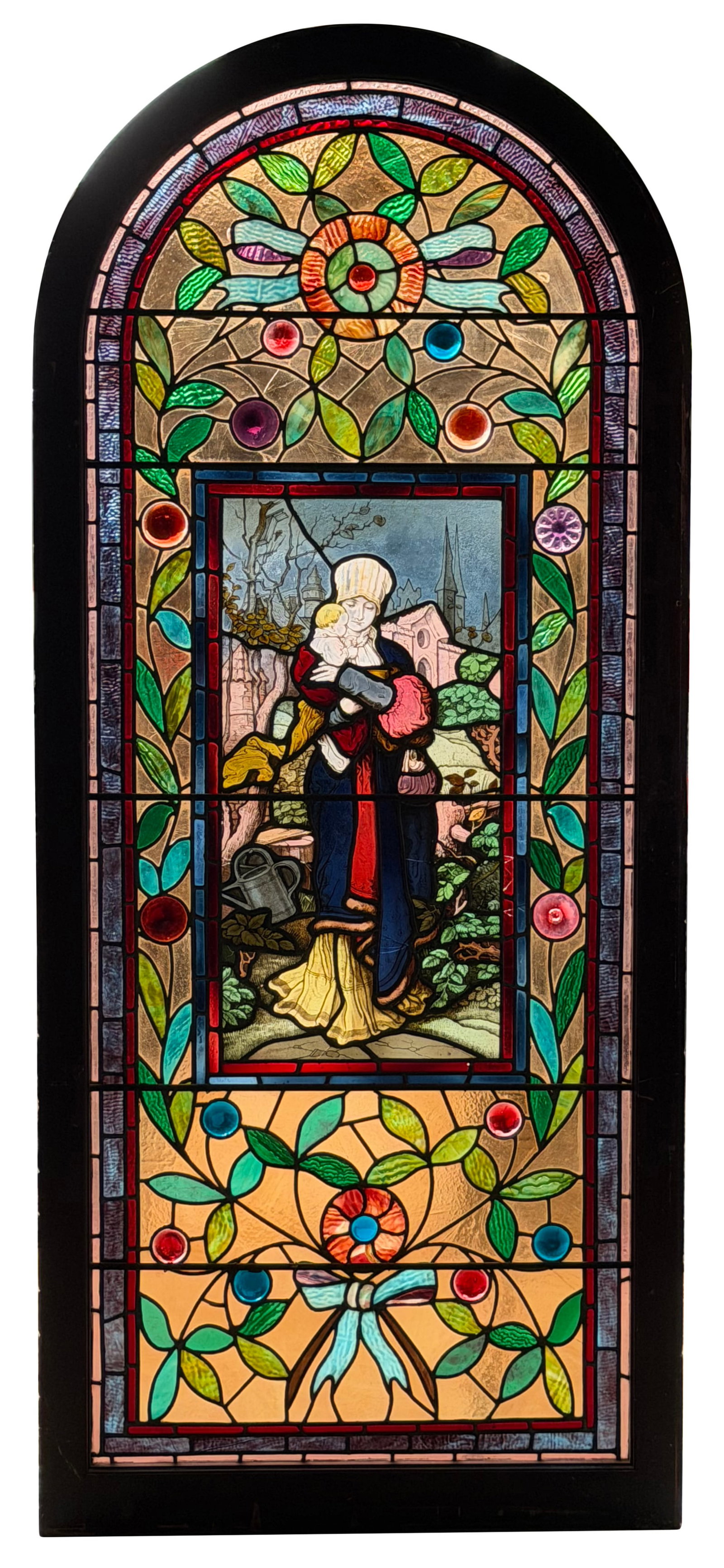 European Leaded Glass Figural Window with Mother Holding Child: European Leaded Glass Figural Window with Mother Holding Child late 19th century 79 x 34 inches Provenance: Private Collection, New York