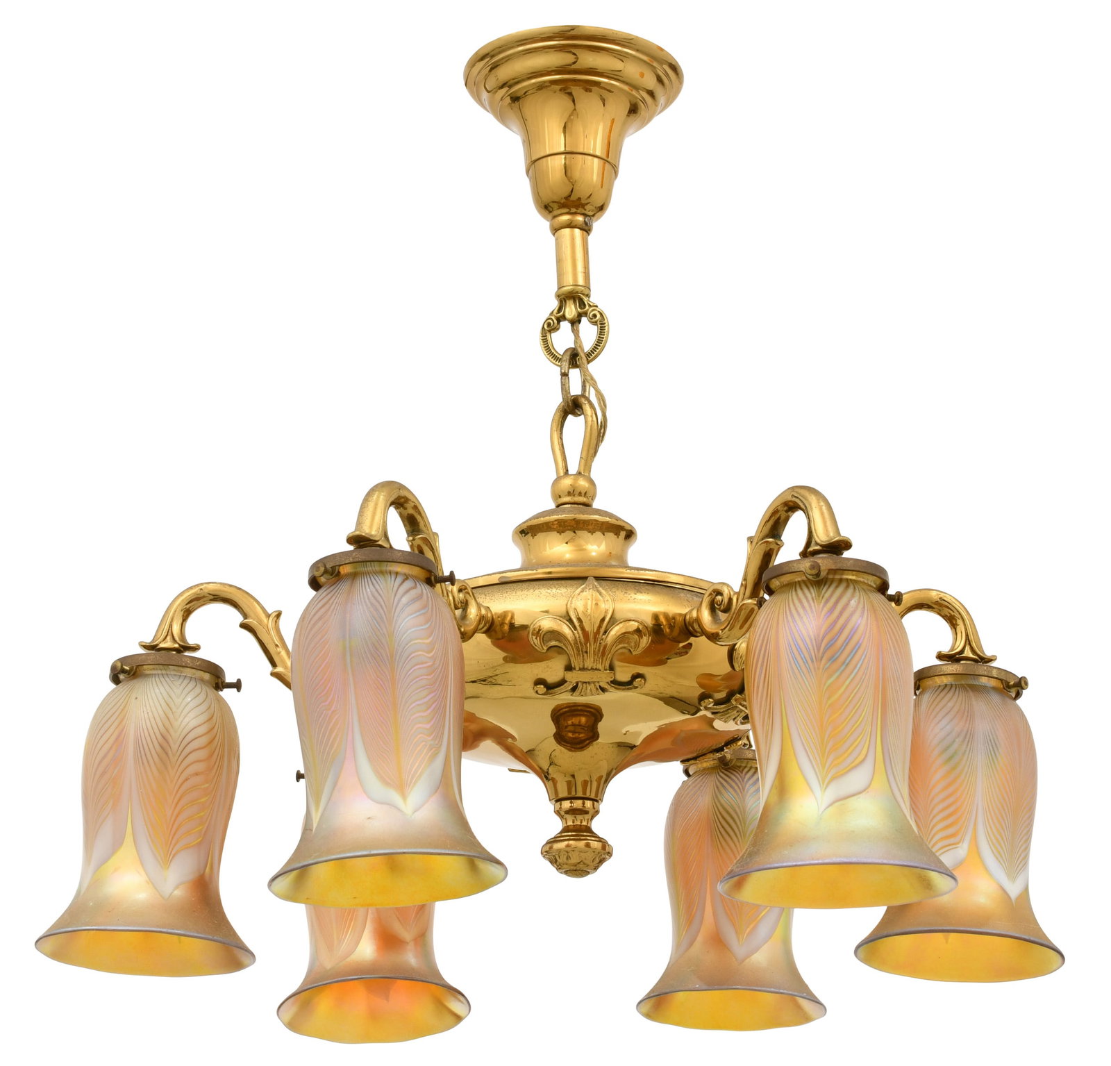 American Brass Chandelier with Steuben Art Glass Decorated Shades: American Brass Chandelier with Steuben Art Glass Decorated Shades early 20th century each signed with fleur-de-lis mark 20 1/2 x 21 inches Provenance: Private Collection, Tennessee