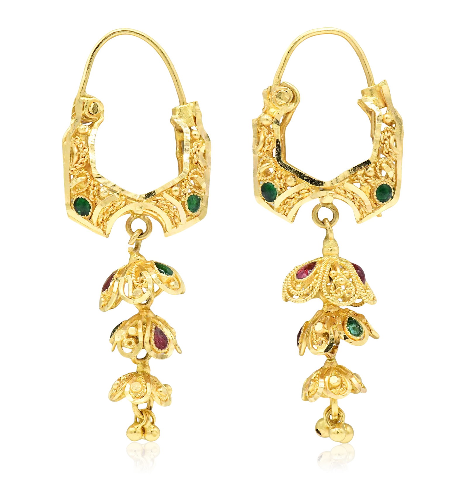 22K Yellow Gold & Enamel Ornate Earrings: 22K Yellow Gold & Enamel Ornate Earrings • 1 3/4 inches (length) • 7.3 dwt (total weight) Provenance: Private Collection, New Jersey Other Notes: Fontaine's Auction Gallery can arrange shi