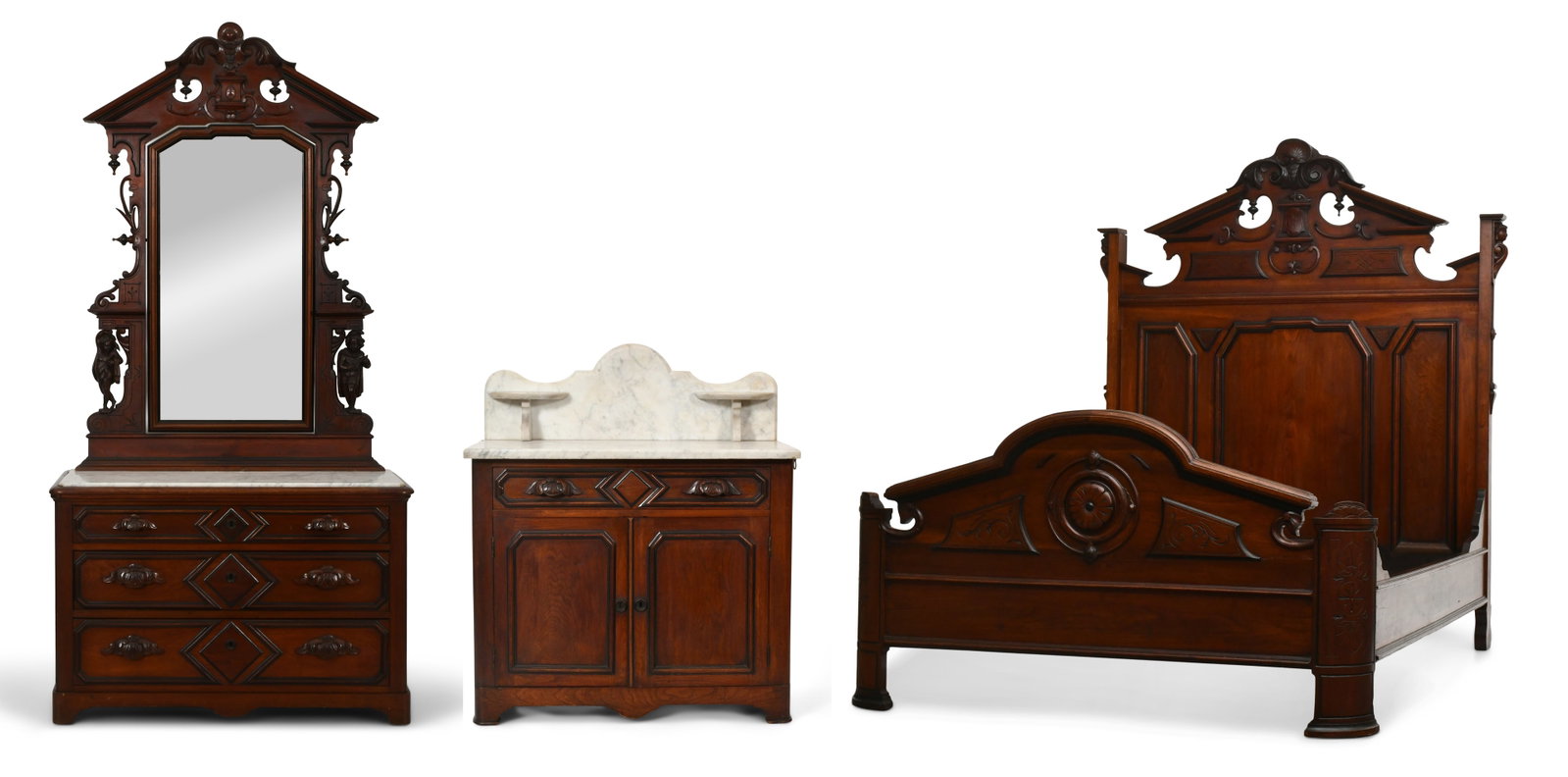 American Victorian Walnut Figural Carved Bedroom Set: American Victorian Walnut Figural Carved Bedroom Set 19th century 40 x 34 x 19 inches (washstand) 96 x 49 x 22 inches (dresser) 81 x 68 x 88 (bed overall) 80 x 60 1/2 inches (inside bed) Provenance: P