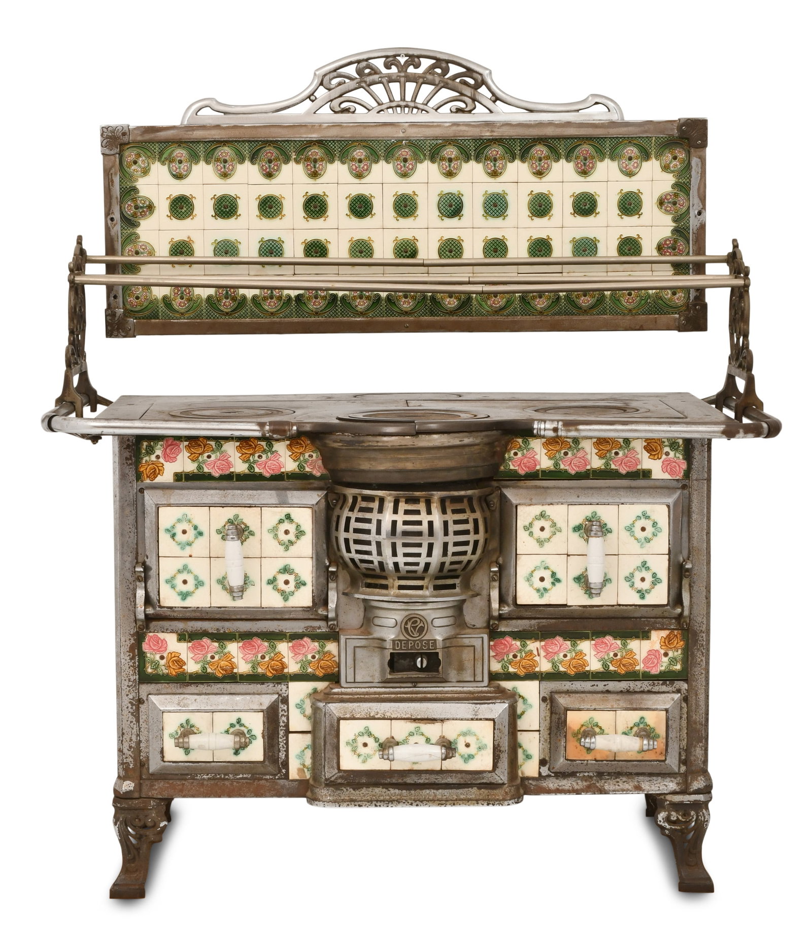 French Cast Iron & Ceramic Stove: French Cast Iron & Ceramic Stove early 20th century 32 x 48 1/2 x 28 inches (stove only) Provenance: Private Collection, New Jersey