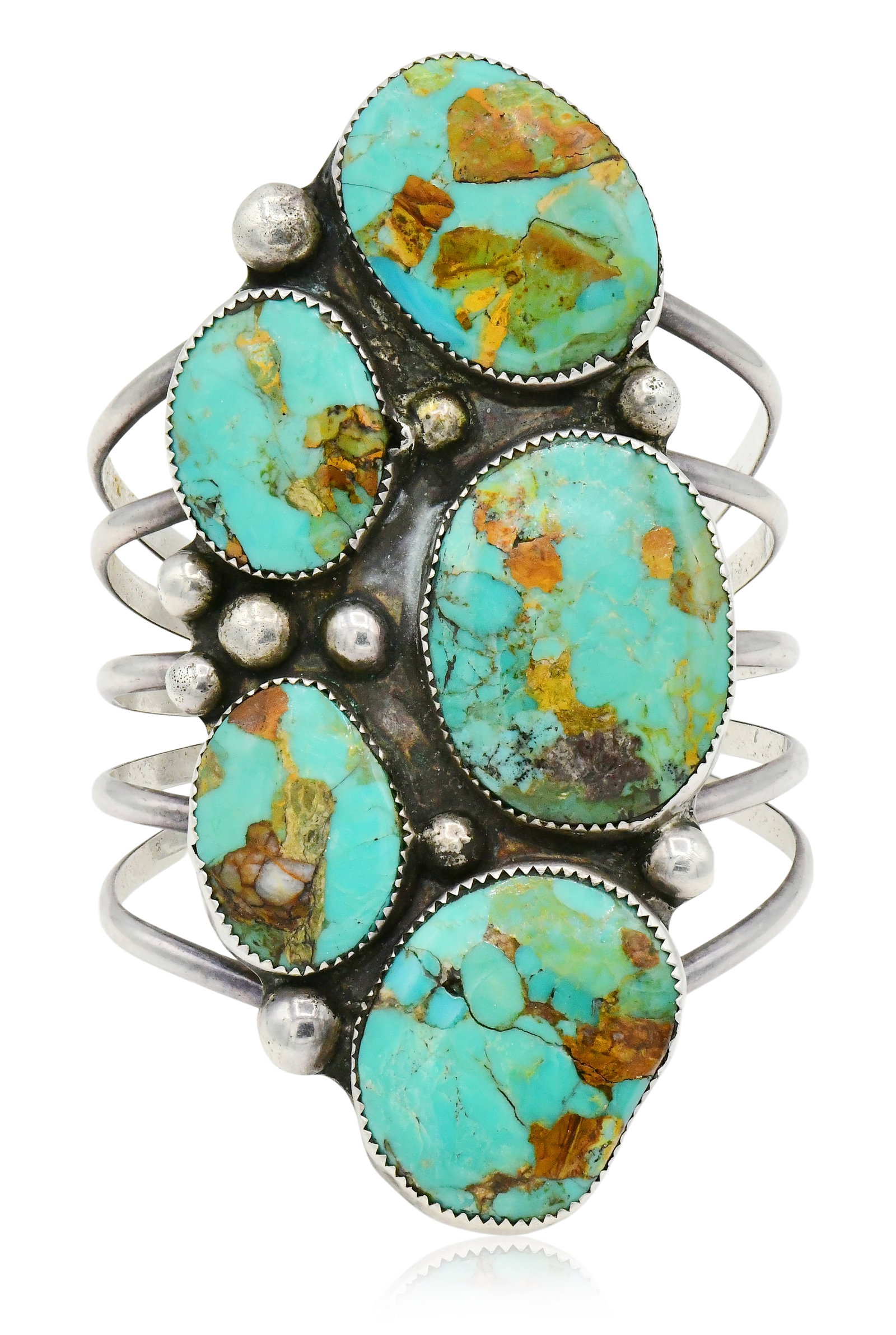 Sterling Silver & Royston Turquoise Bracelet: Sterling Silver & Royston Turquoise Bracelet • set with Royston turquoise cabochons measuring from approximately 33 x 26 mm to 24 x 18 mm • 6 inches (internal circumference) • 3 15/1