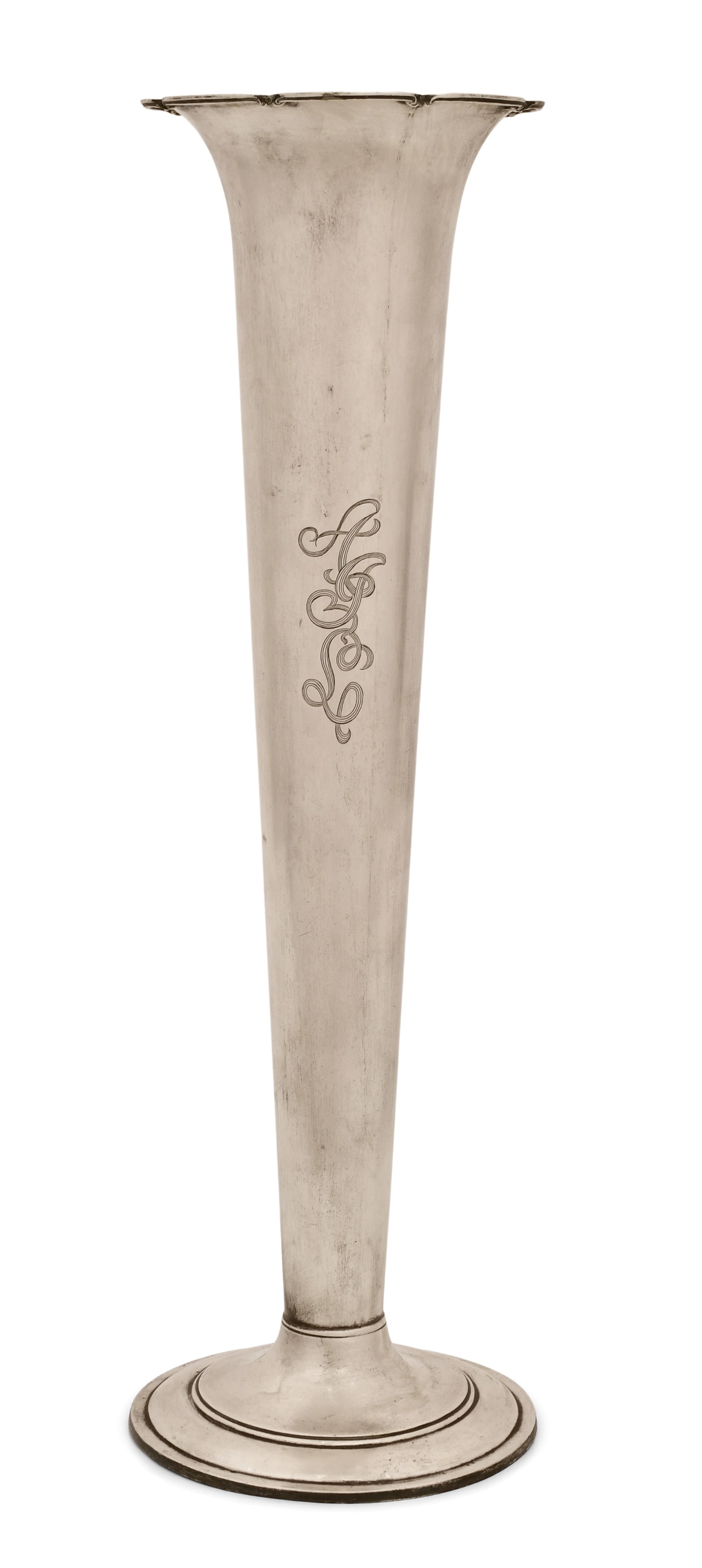 A Large American Sterling Silver Trumpet Vase: A Large American Sterling Silver Trumpet Vase early 20th century marked "Sterling" and with spurious signature 20 1/2 x 6 1/4 inches 27.9 troy ounces