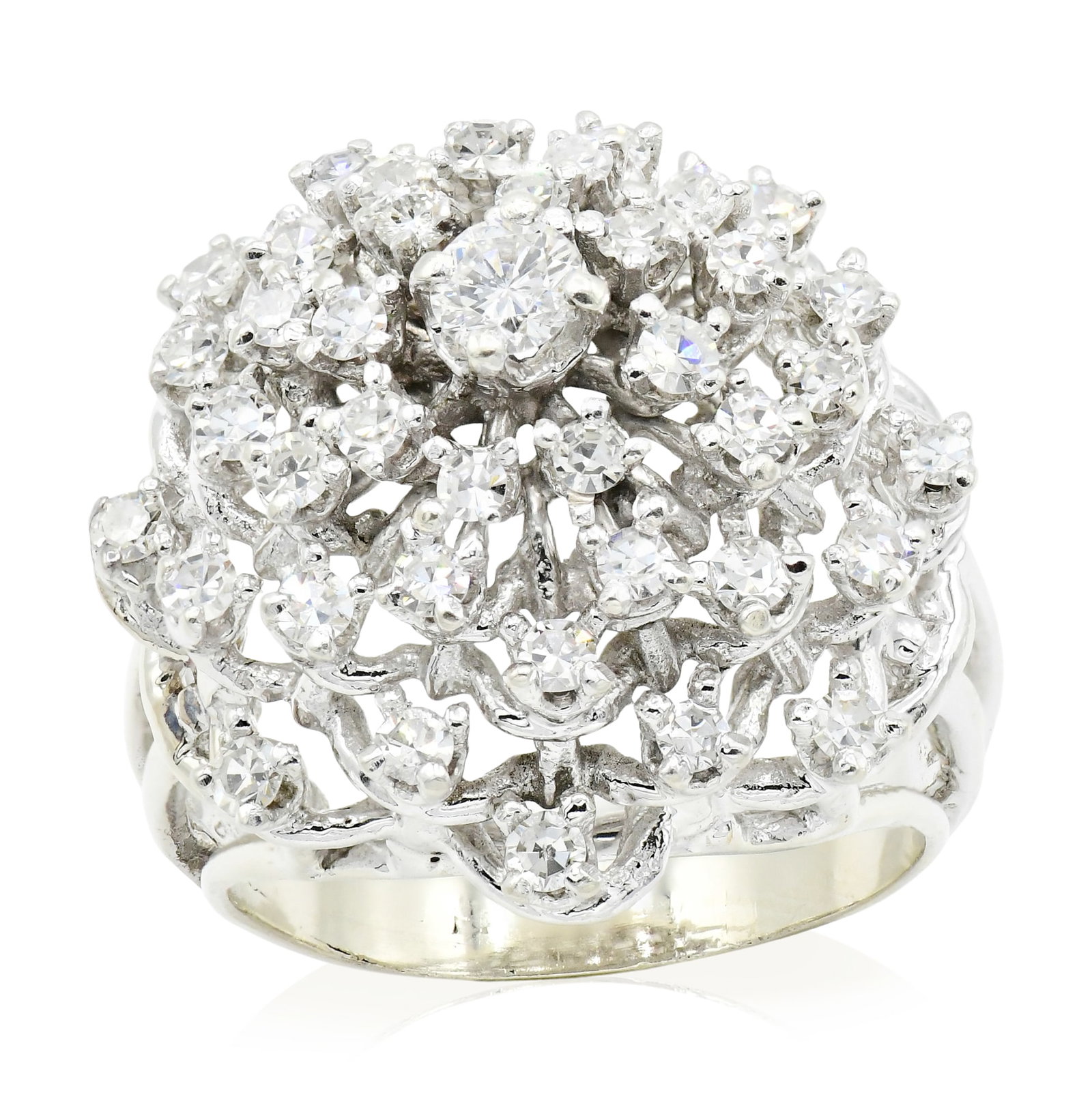 14K White Gold & Diamond Cocktail Ring: 14K White Gold & Diamond Cocktail Ring • centering a 0.23 carat round brilliant diamond • accented by single cut diamonds weighing a total of 1.40 carats • 9 (ring size) • 7.9 