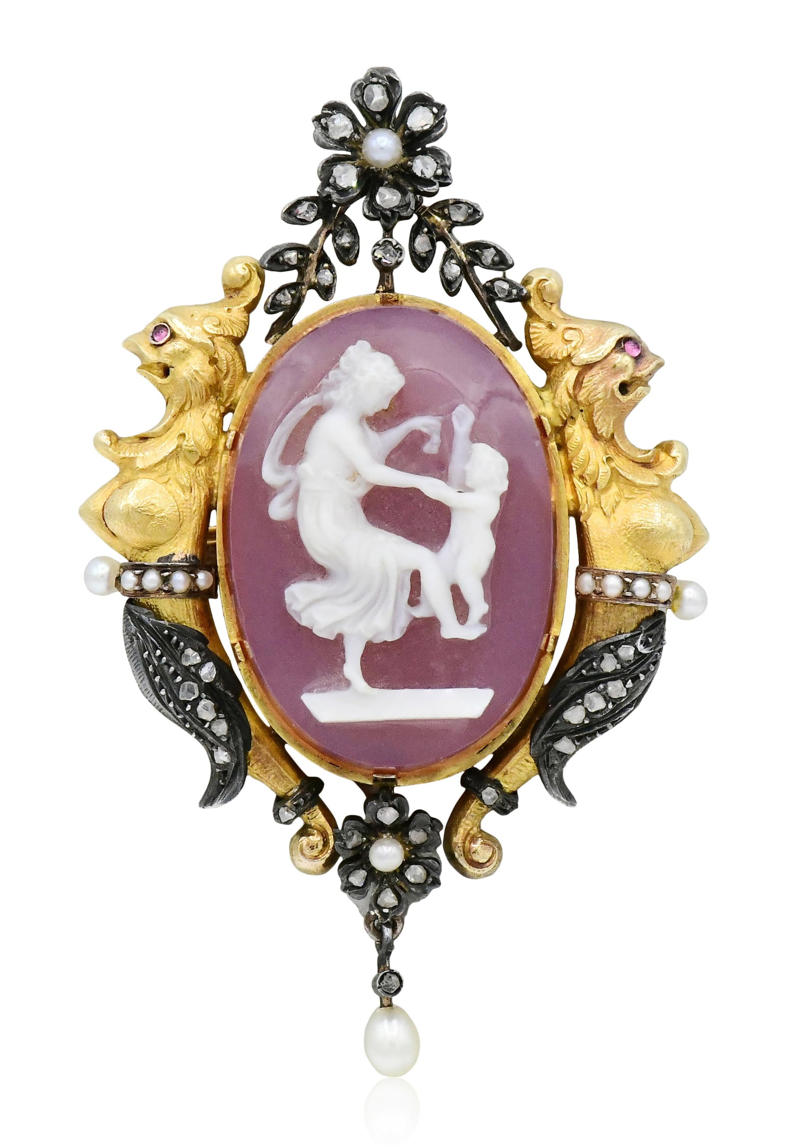 14K Gold, Diamond, Ruby & Pearl Cupid & Psyche Cameo Brooch/Pendant (1 of 3)