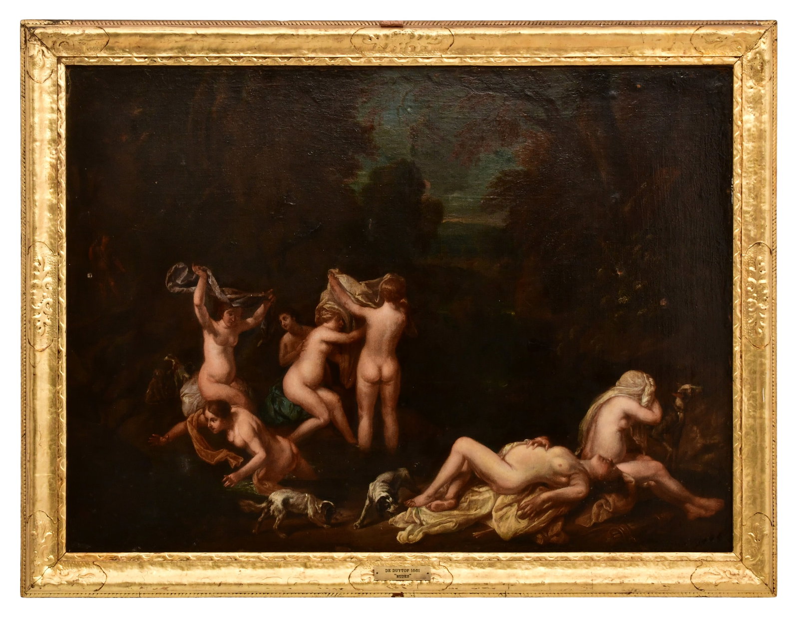 17th Century Old Master Painting of a Mythological Nude Scene, Oil on Canvas, Signed and Dated "F.: 17th Century Old Master Painting of a Mythological Nude Scene, Oil on Canvas, Signed and Dated "F. De Duytof, 1661" 33 x 45 1/2 inches (canvas) 39 x 51 inches (frame) Provenance: Private Collection, N