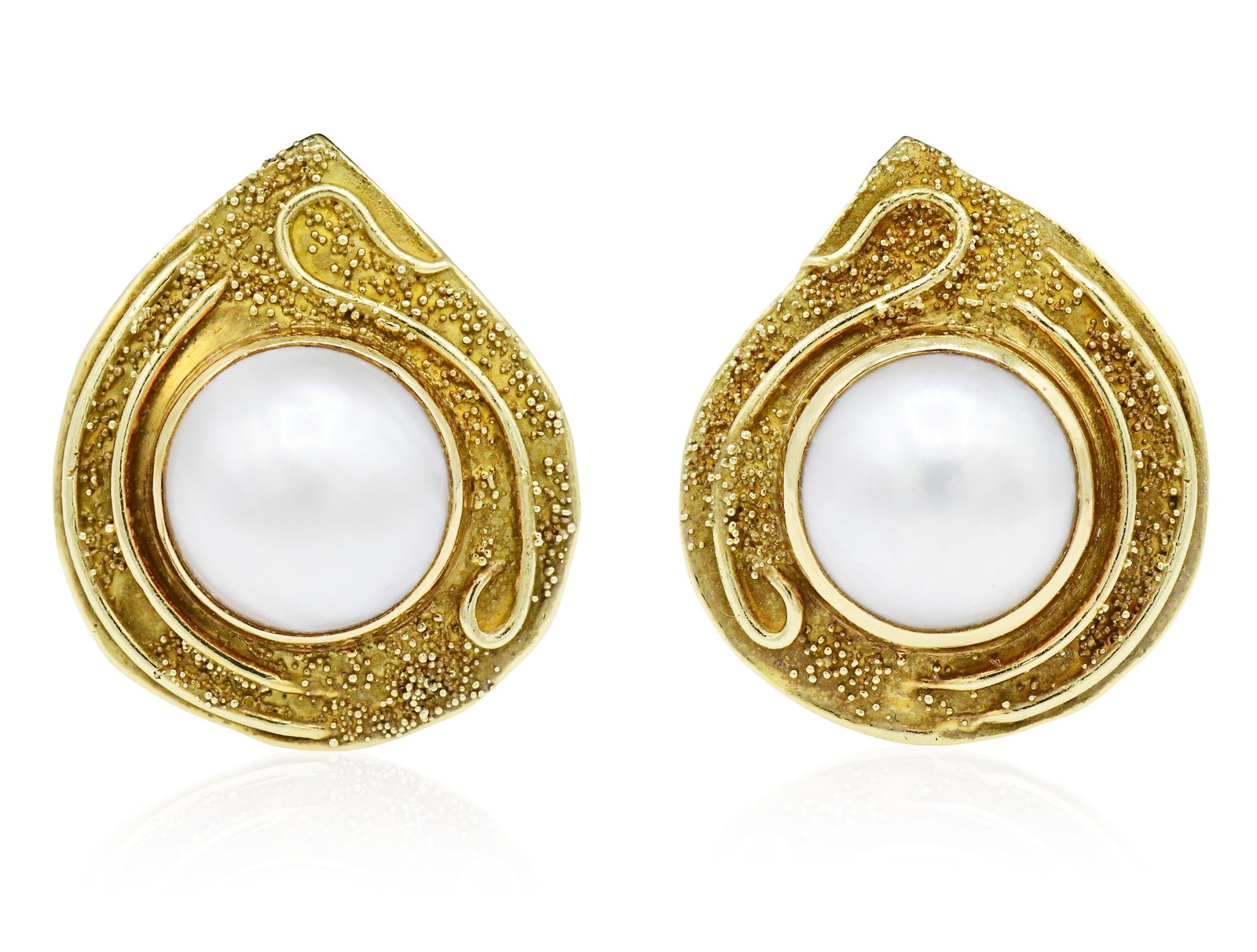 Elizabeth Gage 18K Yellow Gold & Mabe Pearl Earrings: Elizabeth Gage 18K Yellow Gold & Mabe Pearl Earrings • featuring Mabe pearls measuring approximately 14.80 and 15.60 mm in diameter • 1 5/16 inches (length) • 21.2 dwt (total weight)