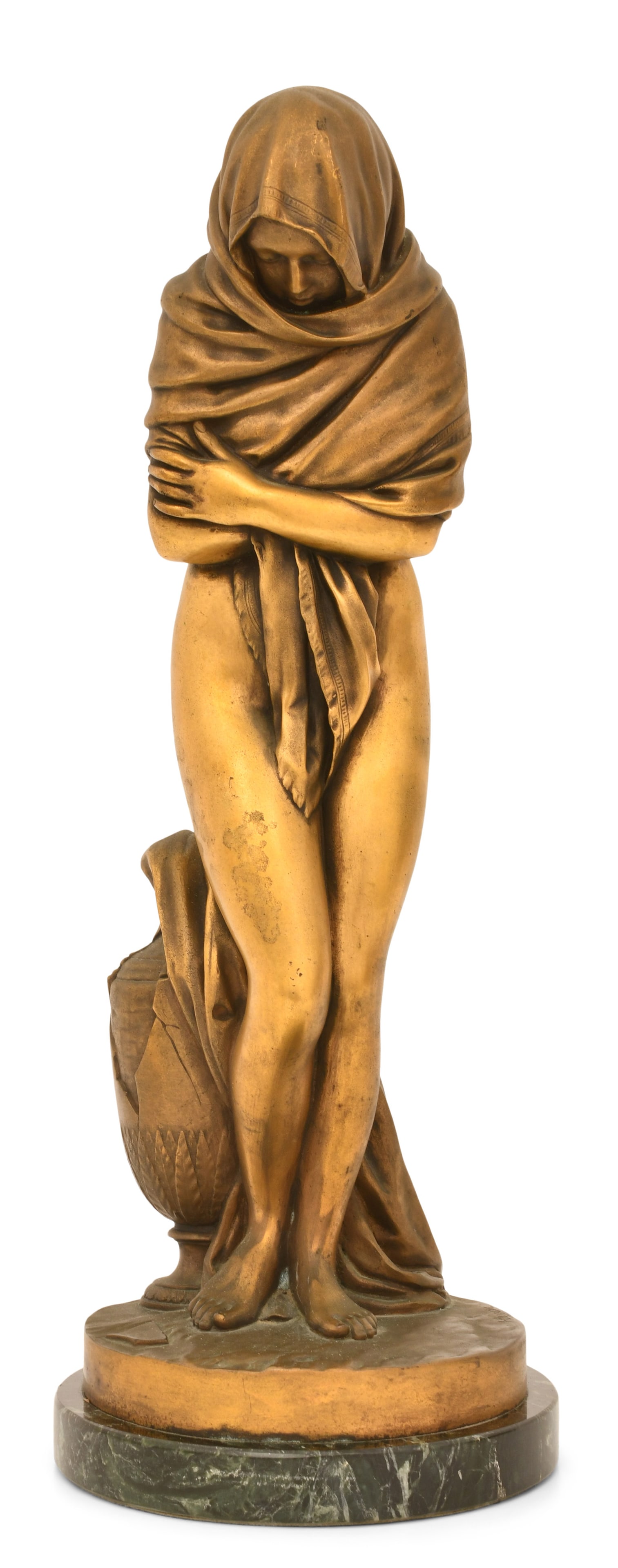 Jean-Antoine Houdon (French, 1741-1828), "L'Hiver": Jean-Antoine Houdon (French, 1741-1828) "L'Hiver" gilt bronze sculpture signed "Houdon" and with foundry mark "F. Barbedienne, Fondeur" 17 1/2 x 7 inches Provenance: Private Collection, California