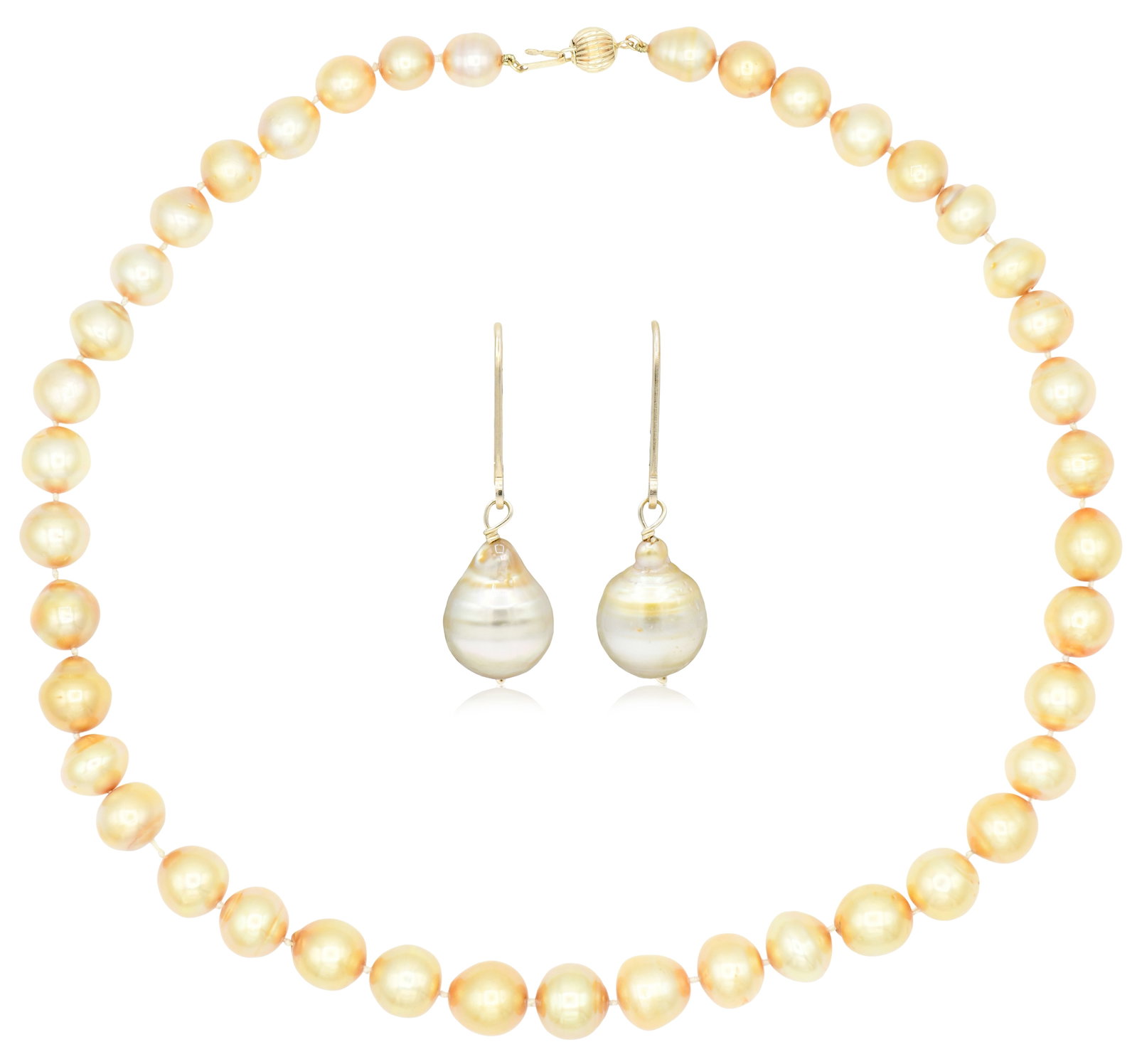14K Yellow Gold & Semi Baroque Golden South Sea Pearl Demi Parure: 14K Yellow Gold & Semi Baroque Golden South Sea Pearl Demi Parure • the necklace featuring graduated semi baroque golden south sea pearls measuring from approximately 8.70 mm to 11.25 mm in diam