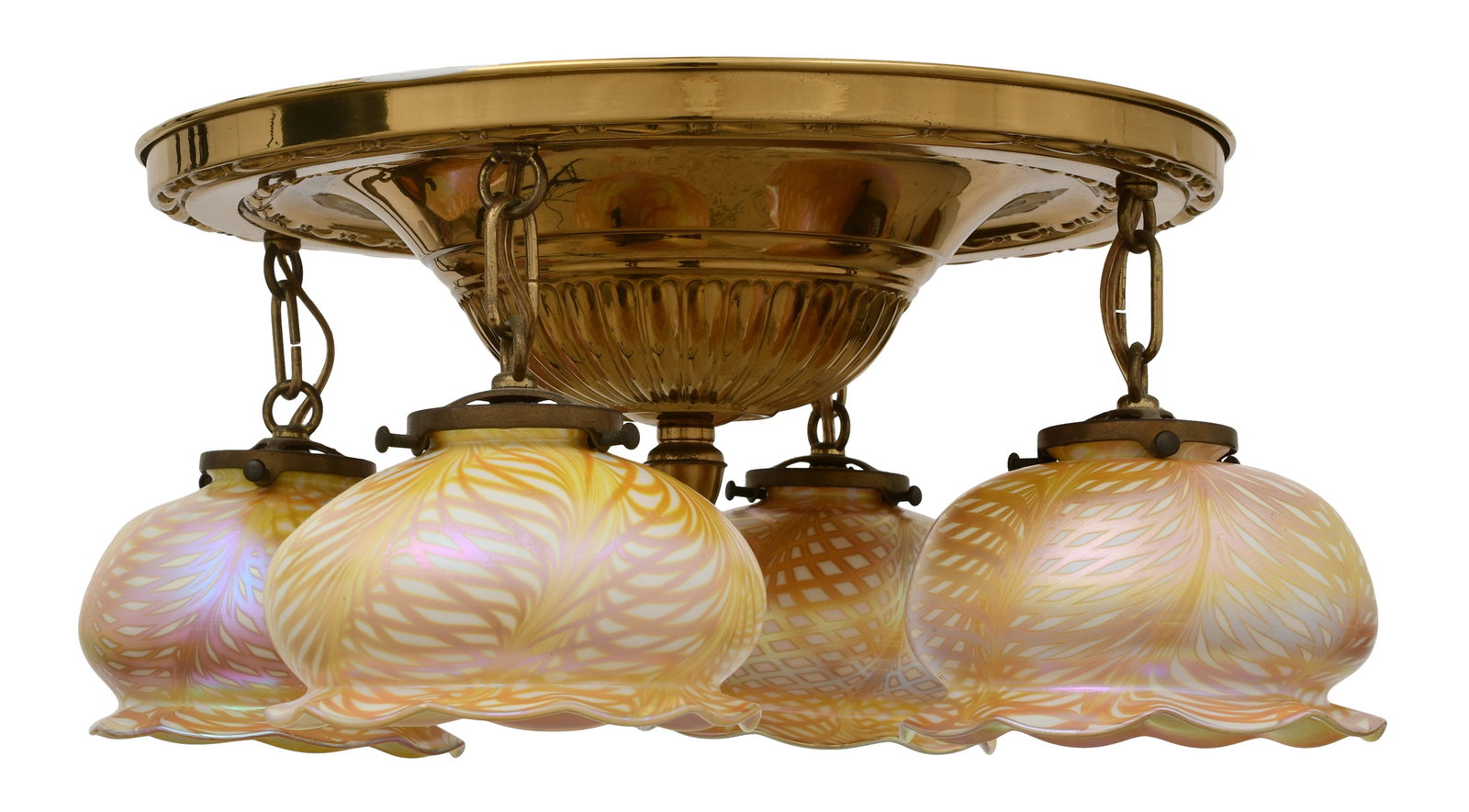 American Brass Chandelier with Quezal Art Glass Decorated Shades: American Brass Chandelier with Quezal Art Glass Decorated Shades early 20th century each shade engraved "Quezal" 8 x 14 inches Provenance: Private Collection, Tennessee