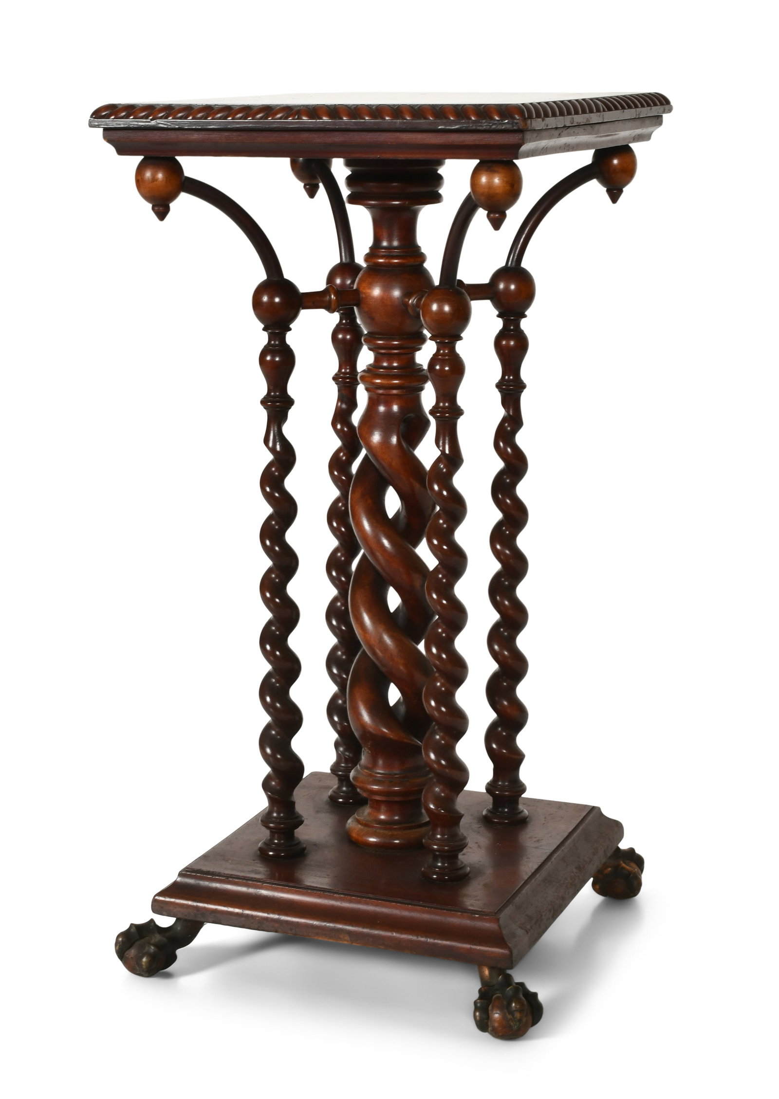 Merklen Brothers Mahogany Pedestal: Merklen Brothers Mahogany Pedestal late 19th century decorated with Solomonic supports and bronze claw feet 31 x 16 x 16 inches Provenance: Private Collection, Massachusetts