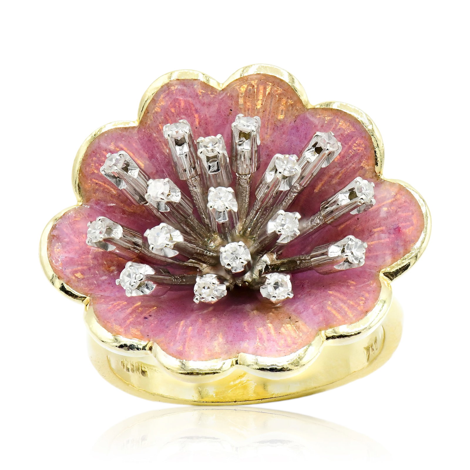 18K Yellow Gold, Pink Enamel & Diamond Flower Ring (1 of 5)