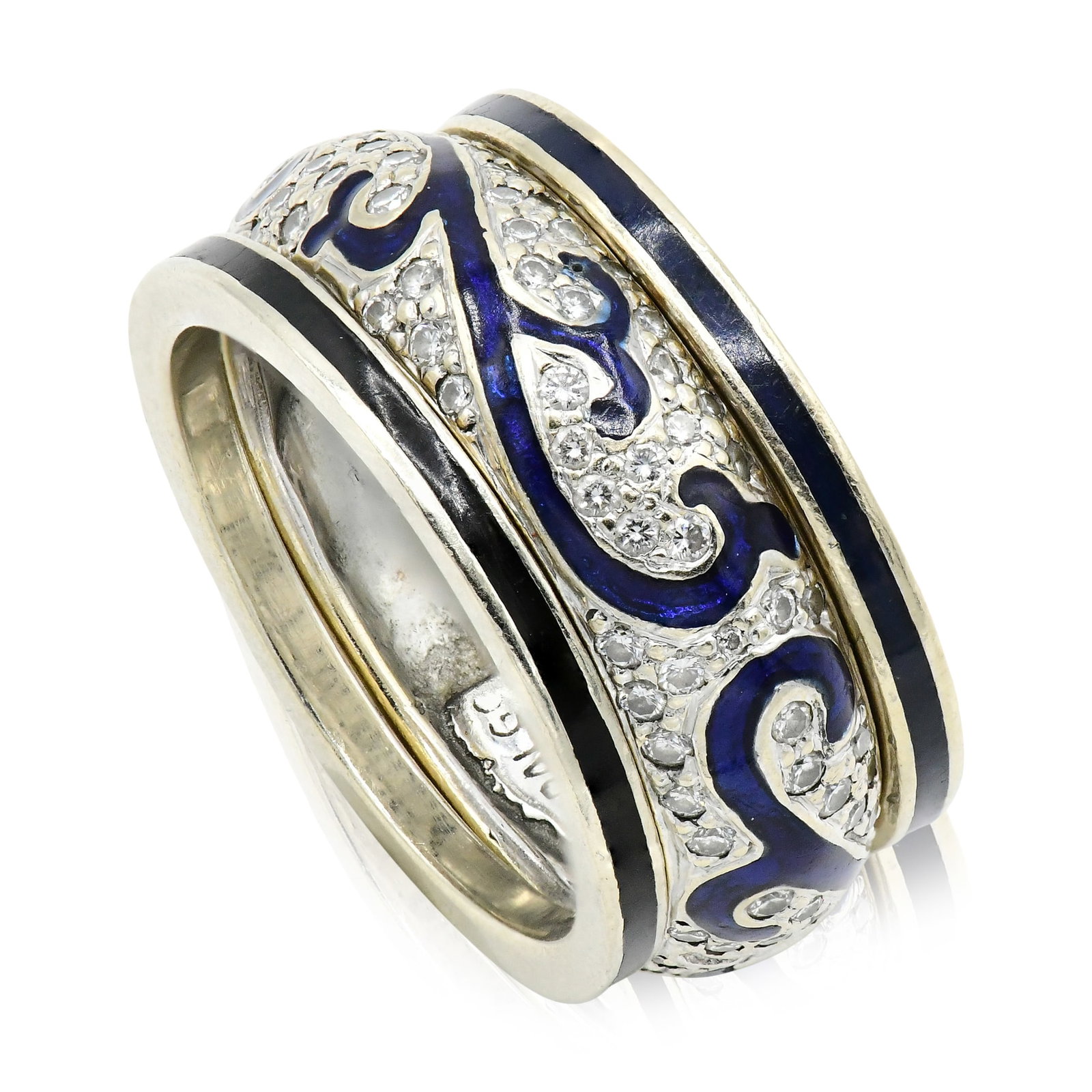 Hidalgo 18K White Gold, Diamond & Enamel Ring w/ Two Ring Bands: Hidalgo 18K White Gold, Diamond & Enamel Ring w/ Two Ring Bands • set with round brilliant diamonds weighing a total of 0.49 carats • 7 1/2 (ring size) • two 18K white gold & enamel 
