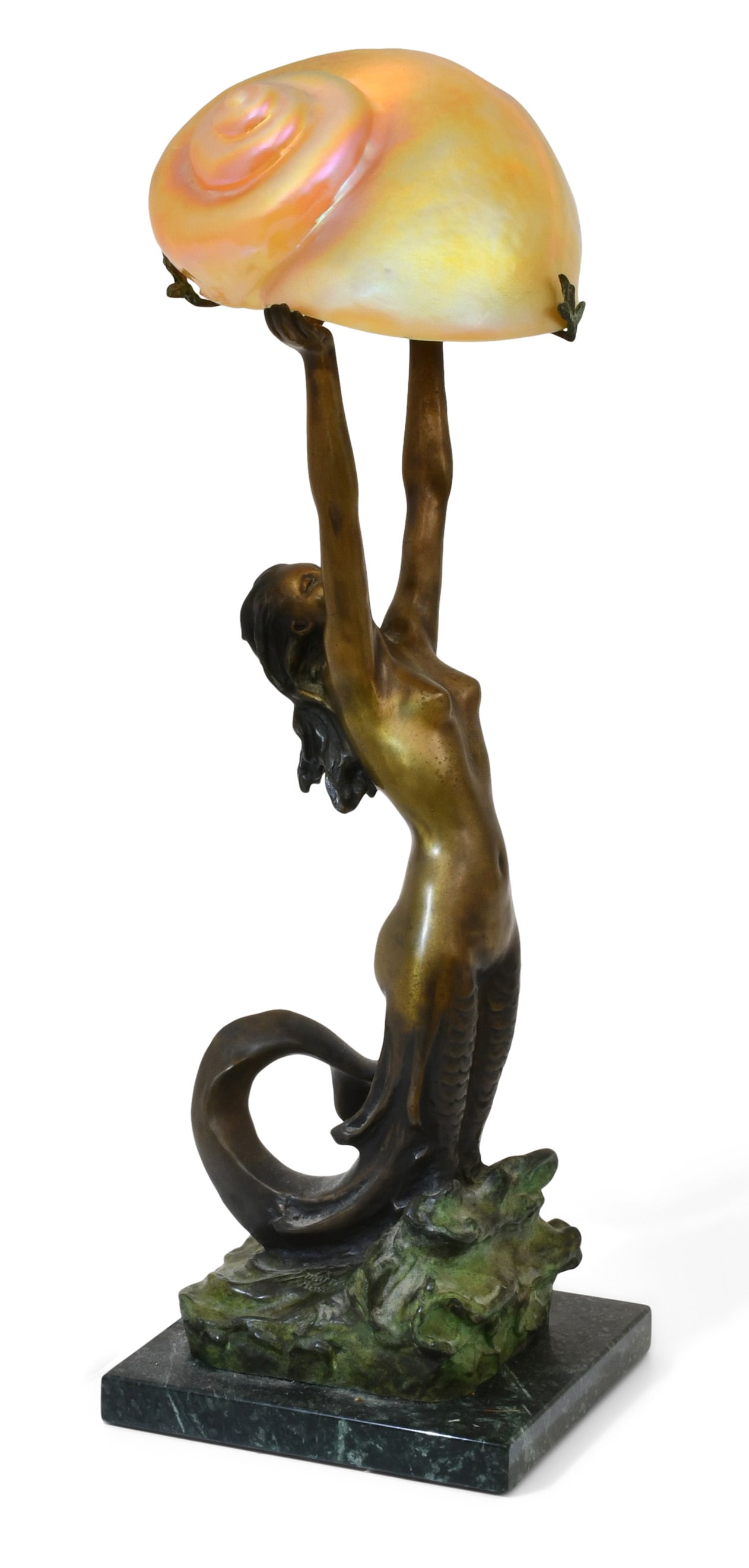 French Art Nouveau Bronze & Nautilus Table Lamp: French Art Nouveau Bronze & Nautilus Table Lamp circa 1923 signed and dated "Marrira, Paris, 23" 22 1/2 x 7 x 7 1/2 inches Provenance: Private Collection, New Jersey