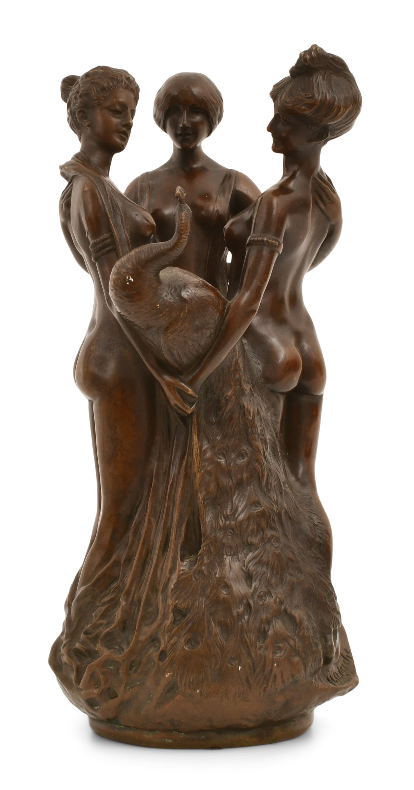 Hans Stoltenberg Lerche (German, 1867-1920), Three Graces Vase with Peacock: Hans Stoltenberg Lerche (German, 1867-1920) Three Graces Vase with Peacock patinated bronze signed "H. St. Lerche" 13 1/2 x 6 1/2 inches Provenance: The Estate of Steve Hohener, North Carolina