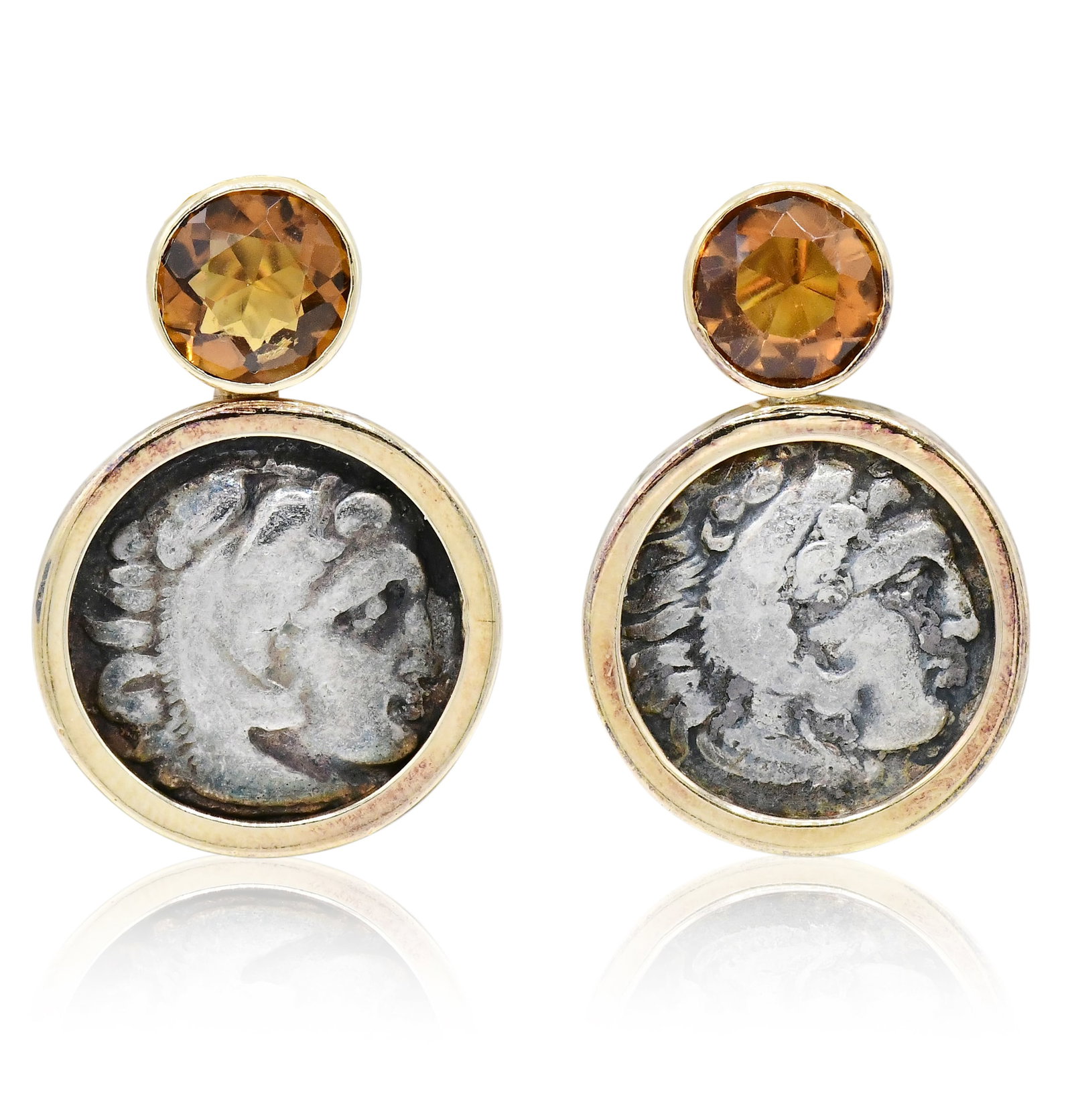14K Yellow Gold, Ancient Roman Coin & Citrine Earrings: 14K Yellow Gold, Ancient Roman Coin & Citrine Earrings • set with faceted round citrine weighing a total of 2.22 carats • 15 mm (coin diameter) • 1 inch (length) • 10.8 dwt (to