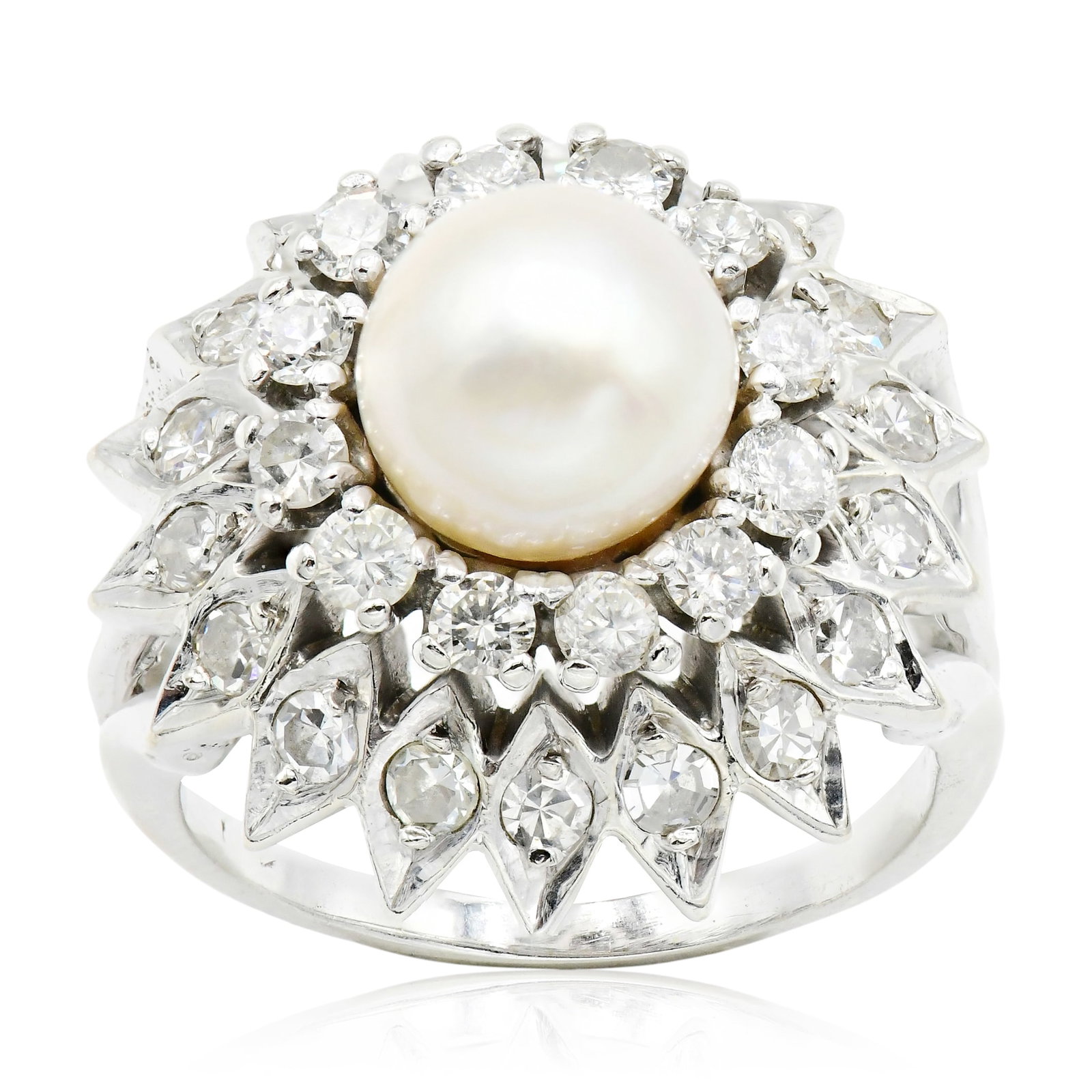 14K White Gold, Pearl & Diamond Flower Ring: 14K White Gold, Pearl & Diamond Flower Ring • featuring a freshwater pearl measuring approximately 8.48 mm in diameter • accented by round brilliant & single cut diamonds weighing a total 