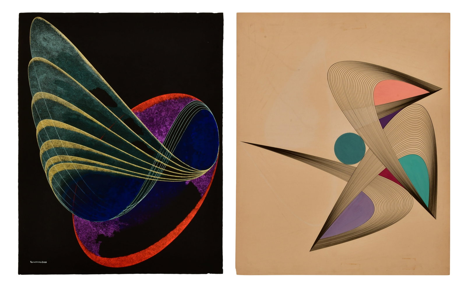 Rutherford Boyd (American, 1884-1951), Study For Steller Parabolic Design & 7 Distorted Ellipses: Rutherford Boyd (American, 1884-1951) Study For Steller Parabolic Design & 7 Distorted Ellipses bristol board, black pastel paper each signed by the artist 25 x 19 inches (larger) 22 1/4 x 18 1/4 inch