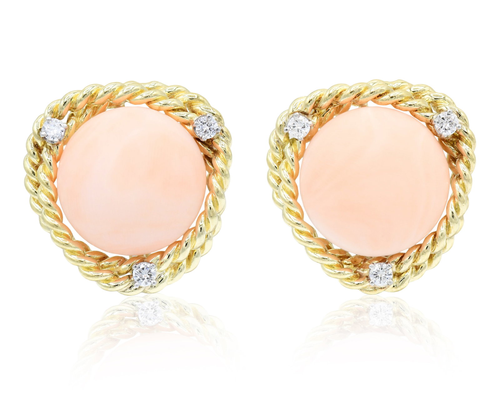 18K Yellow Gold, Angel Coral & Diamond Earrings: 18K Yellow Gold, Angel Coral & Diamond Earrings • featuring angel coral cabochons measuring approximately 16.90 mm in diameter • accented by round brilliant diamonds weighing a total of