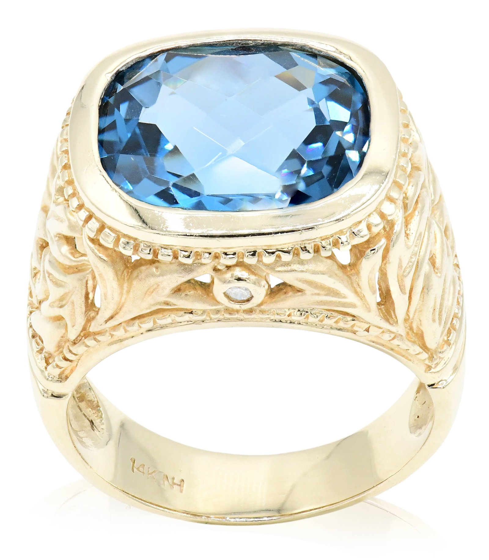 14K Yellow Gold, Blue Topaz & Diamond Ring: 14K Yellow Gold, Blue Topaz & Diamond Ring • featuring a 11.14 carat faceted oval blue topaz • accented by round brilliant diamonds weighing a total of 0.03 carats • makers mark: NH