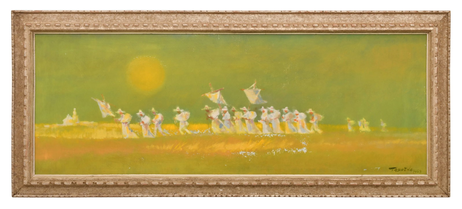 Romeo Villalva Tabuena (Filipino, 1921-2015), "The Procession": Romeo Villalva Tabuena (Filipino, 1921-2015) "The Procession" acrylic on board signed and dated "Tabuena, 1963" (lower right) 13 3/4 x 37 1/2 inches (sight) 18 x 41 1/2 inches (frame) Provenance: