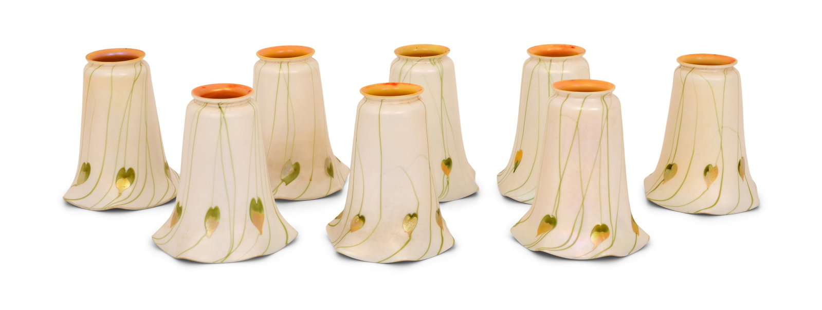 Set of Eight Fostoria "Hearts and Vines" Art Glass Shades: Set of Eight Fostoria "Hearts and Vines" Art Glass Shades early 20th century unsigned 5 x 4 inches Provenance: Private Collection, Tennessee