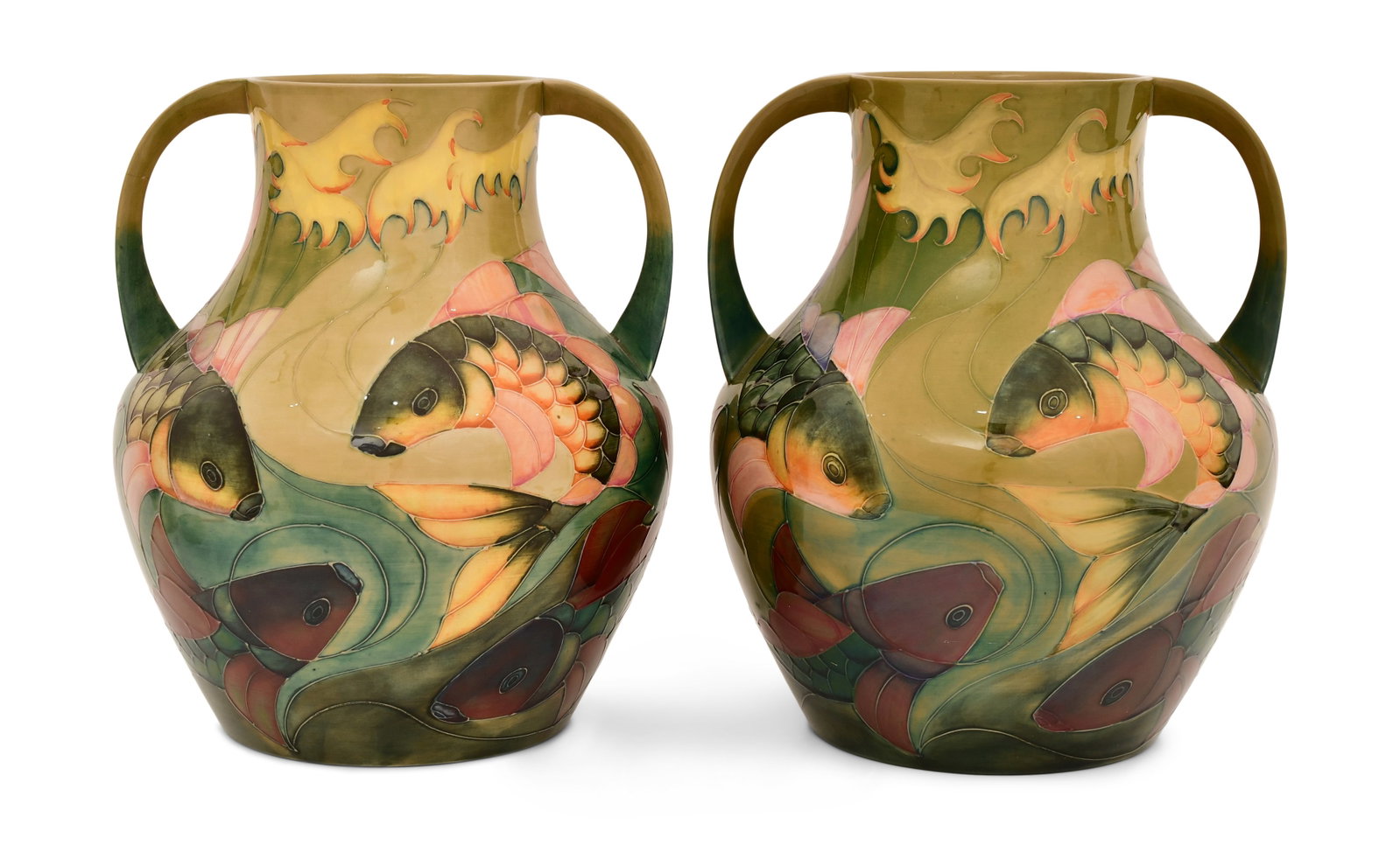 A Pair of Moorcroft Pottery "Carp" Vases: A Pair of Moorcroft Pottery "Carp" Vases early 20th century each signed to the underside 13 x 11 inches Provenance: Private Collection, Connecticut