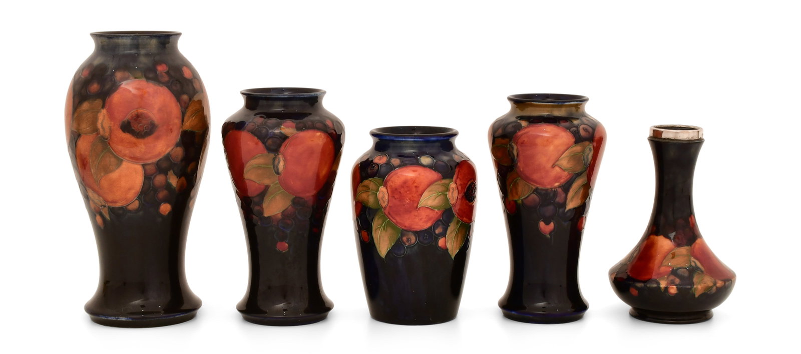 Group of Five Moorcroft Pottery "Pomegranate" Vases: Group of Five Moorcroft Pottery "Pomegranate" Vases early 20th century each signed to the underside 9 1/4 x 4 1/2 inches Provenance: Private Collection, Connecticut