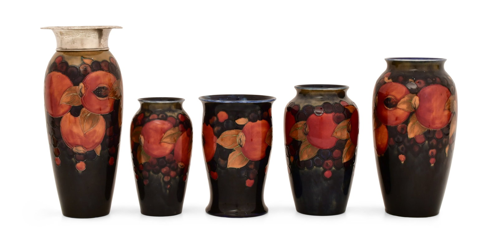 Group of Five Moorcroft Pottery "Pomegranate" Vases: Group of Five Moorcroft Pottery "Pomegranate" Vases early 20th century each signed to the underside 11 3/4 x 5 inches (larger) Provenance: Private Collection, Connecticut