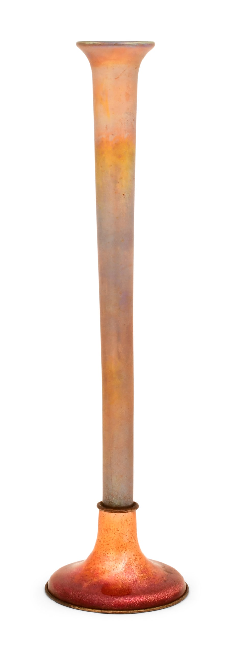 Tiffany Furnaces Favrile Glass & Enamel Bud Vase: Tiffany Furnaces Bud Vase circa 1920 gilt bronze, enamel, favrile glass base impressed "Louis C. Tiffany Furnaces, Inc., 150C" with monogram 13 1/4 x 3 1/2 inches Provenance: Private Collection,