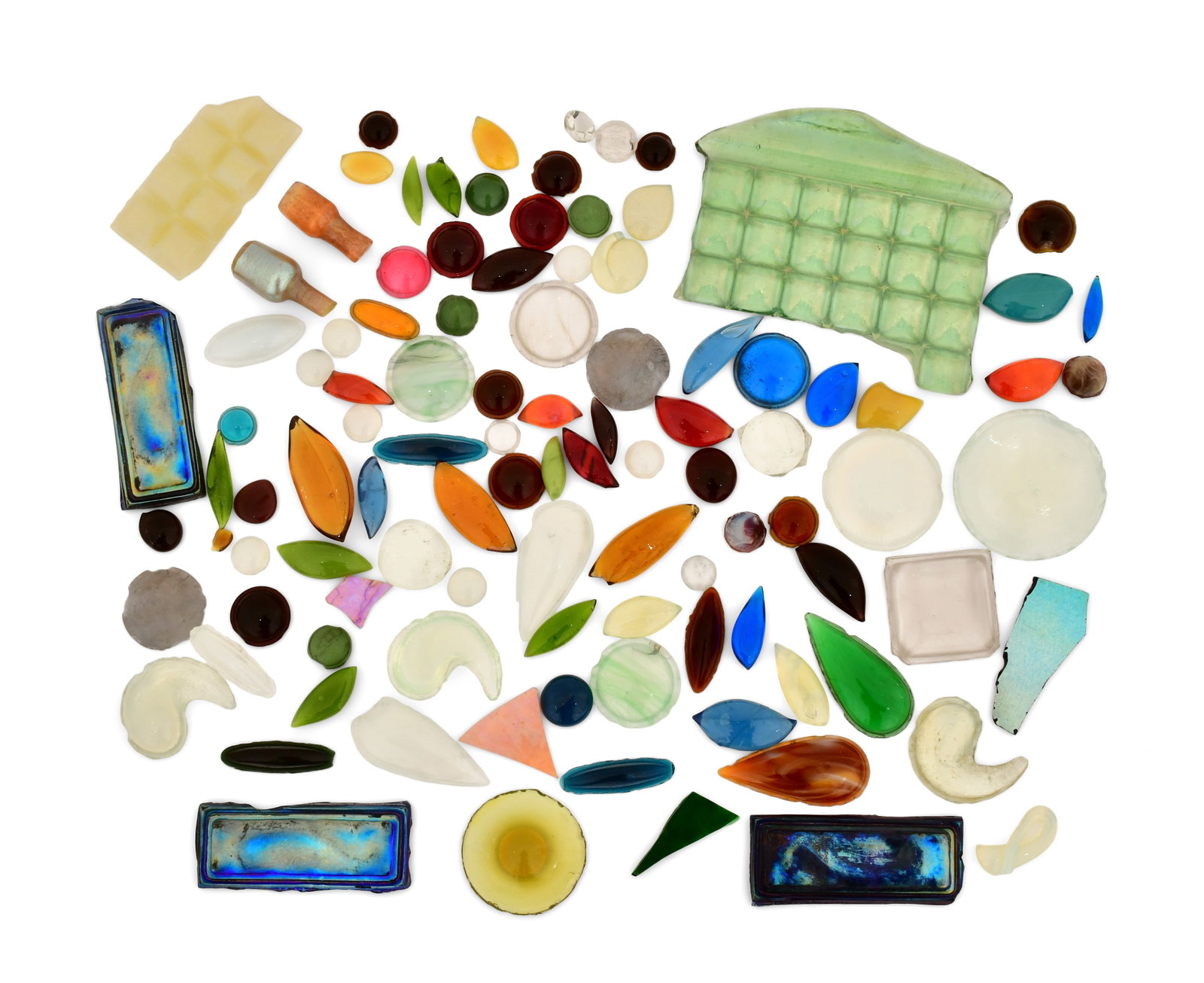 Tiffany Studios, Collection of Glass Jewels, Tiles & Fragments: Tiffany Studios Collection of Glass Jewels, Tiles & Fragments circa 1910 favrile glass 4 x 5 1/2 inches (largest) Provenance: Important Private Collection Other Notes: Fontaine's Auction Gallery can
