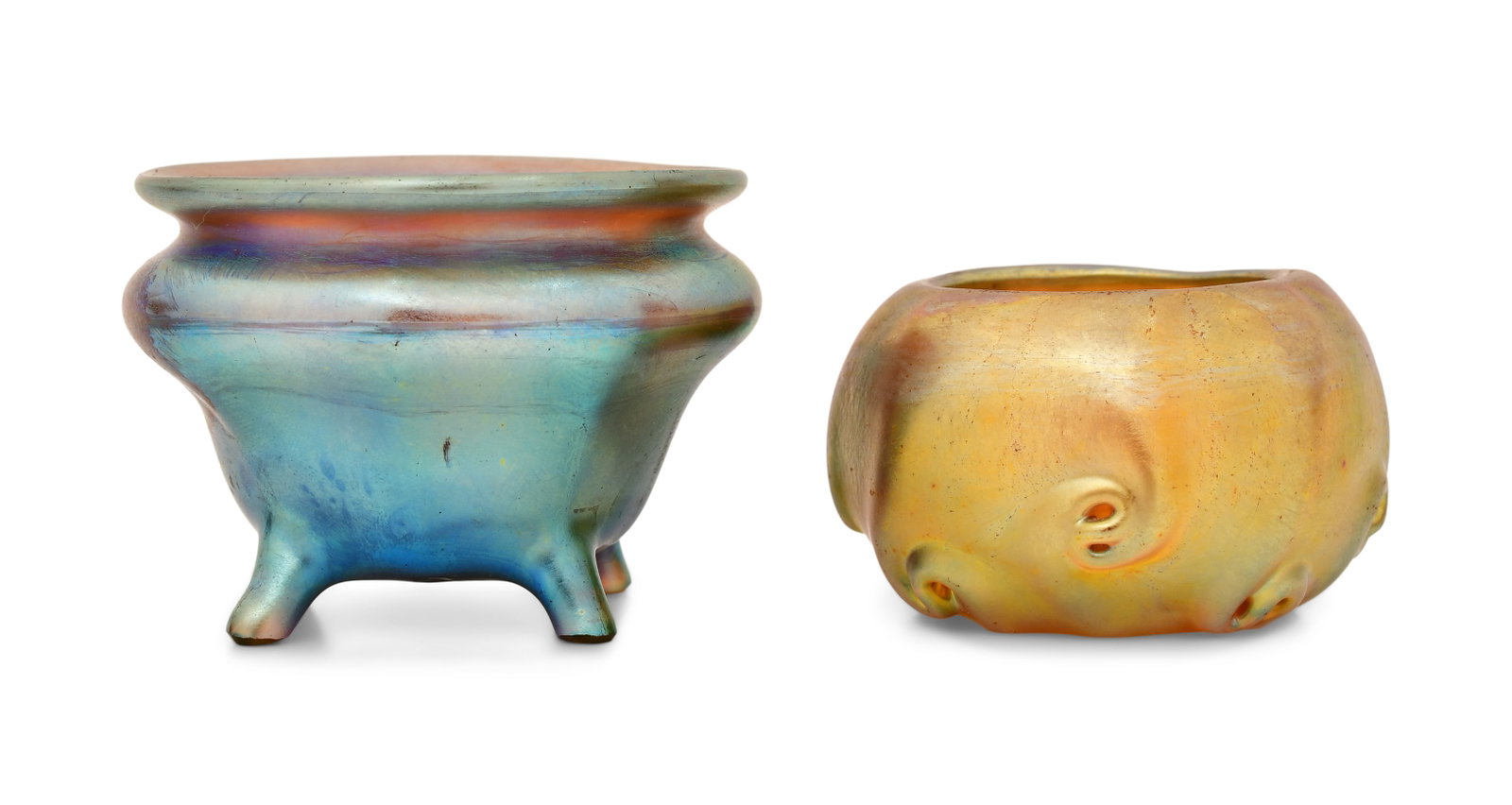 Tiffany Studios, Two Favrile Glass Salt Dishes: Tiffany Studios Two Salt Dishes early 20th century favrile glass marked "L.C.T. Favrile X359 / L.C.T. X622" 1 1/2 x 2 inches (largest) Other Notes: Fontaine's Auction Gallery can arrange shipping for