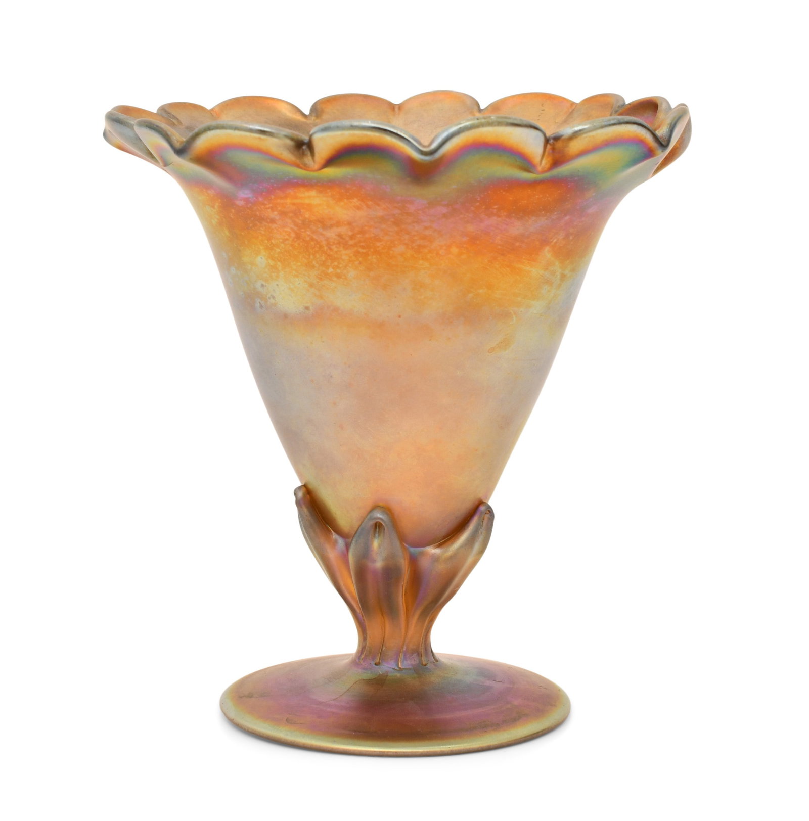 Tiffany Studios Favrile Glass Vase: Tiffany Studios Vase early 20th century favrile glass engraved "L.C. Tiffany - Favrile, 1938" and with paper label 5 1/2 x 4 1/2 inches Provenance: Private Collection, New York Other Notes: Fontain