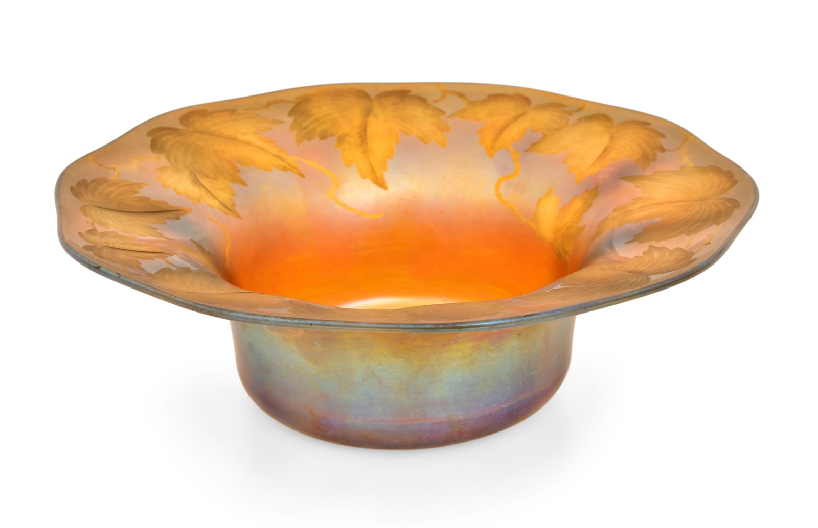 Tiffany Studios Intaglio Carved Favrile Glass "Leaf & Vine" Bowl: Tiffany Studios "Leaf & Vine" Bowl circa 1915 intaglio carved favrile glass engraved "L.C. Tiffany - Inc. Favrile" 3 x 9 1/2 inches Provenance: Private Collection, New York