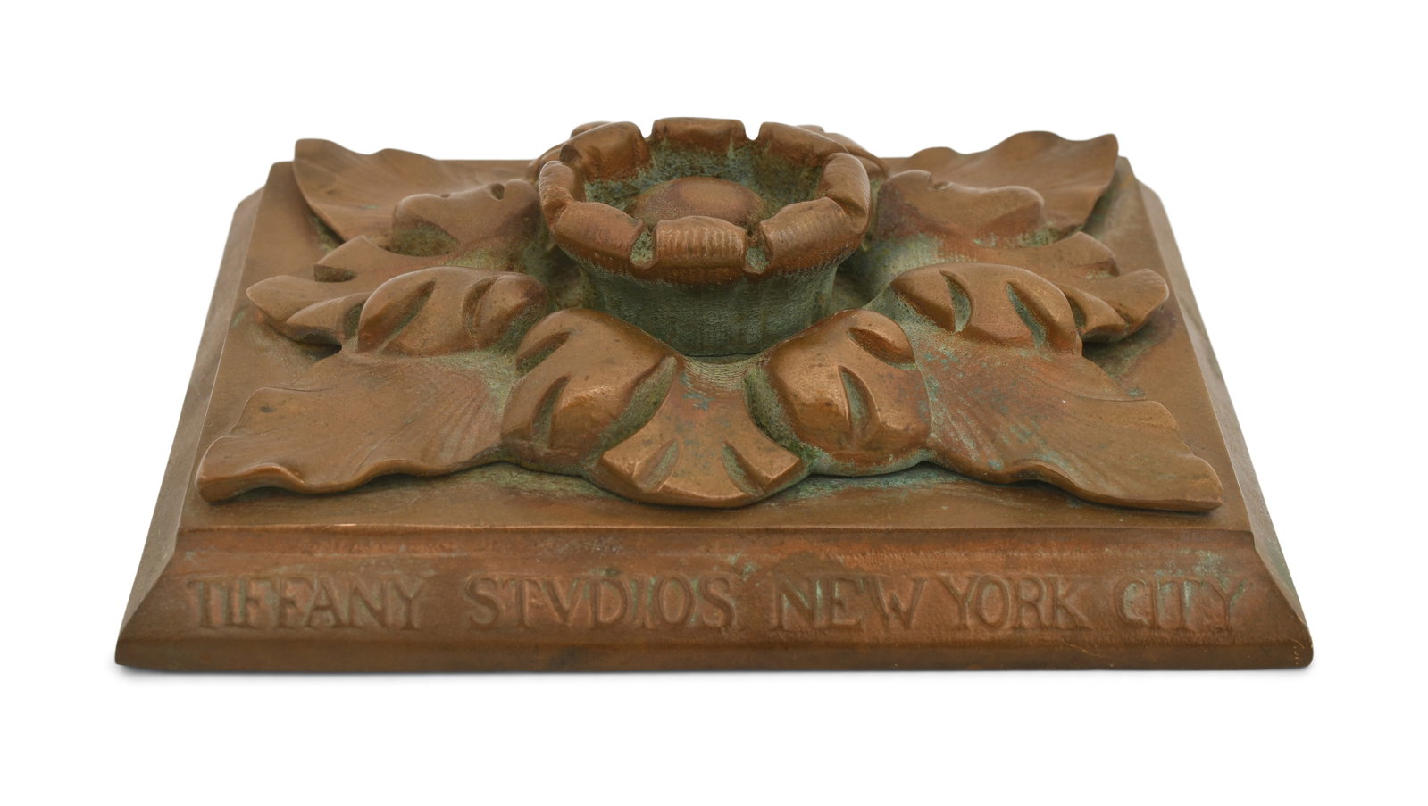Tiffany Studios Bronze Exhibition Display: Tiffany Studios Exhibition Display early 20th century patinated bronze marked "Tiffany Studios, New York City" 1 1/2 x 5 x 4 inches Provenance: Property from a Northeast Collector Other Notes: Font