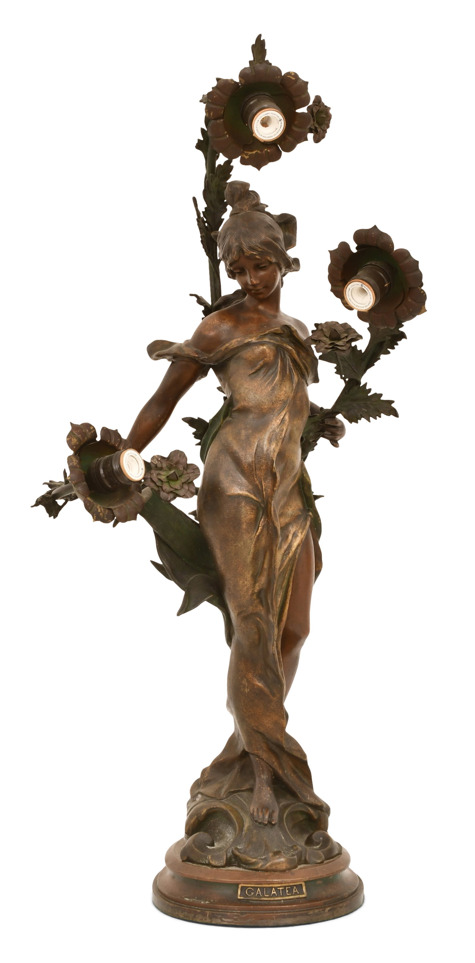 French Patinated Metal Newel Post Lamp, "Galatea" (1 of 5)