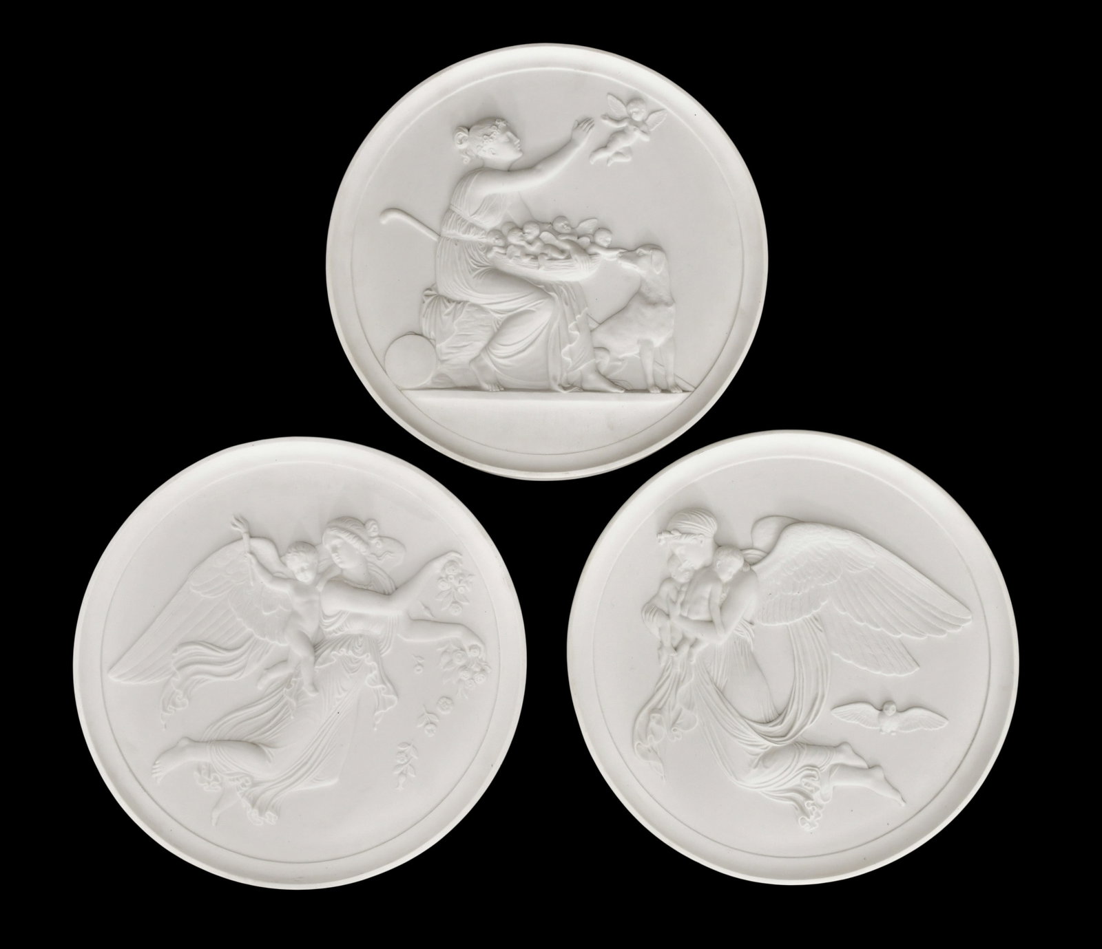 A Set of Three Royal Copenhagen Bisque Plaques: A Set of Three Royal Copenhagen Bisque Plaques 20th century each signed to the reverse 14 in. diameter Provenance: Private Collection, New York