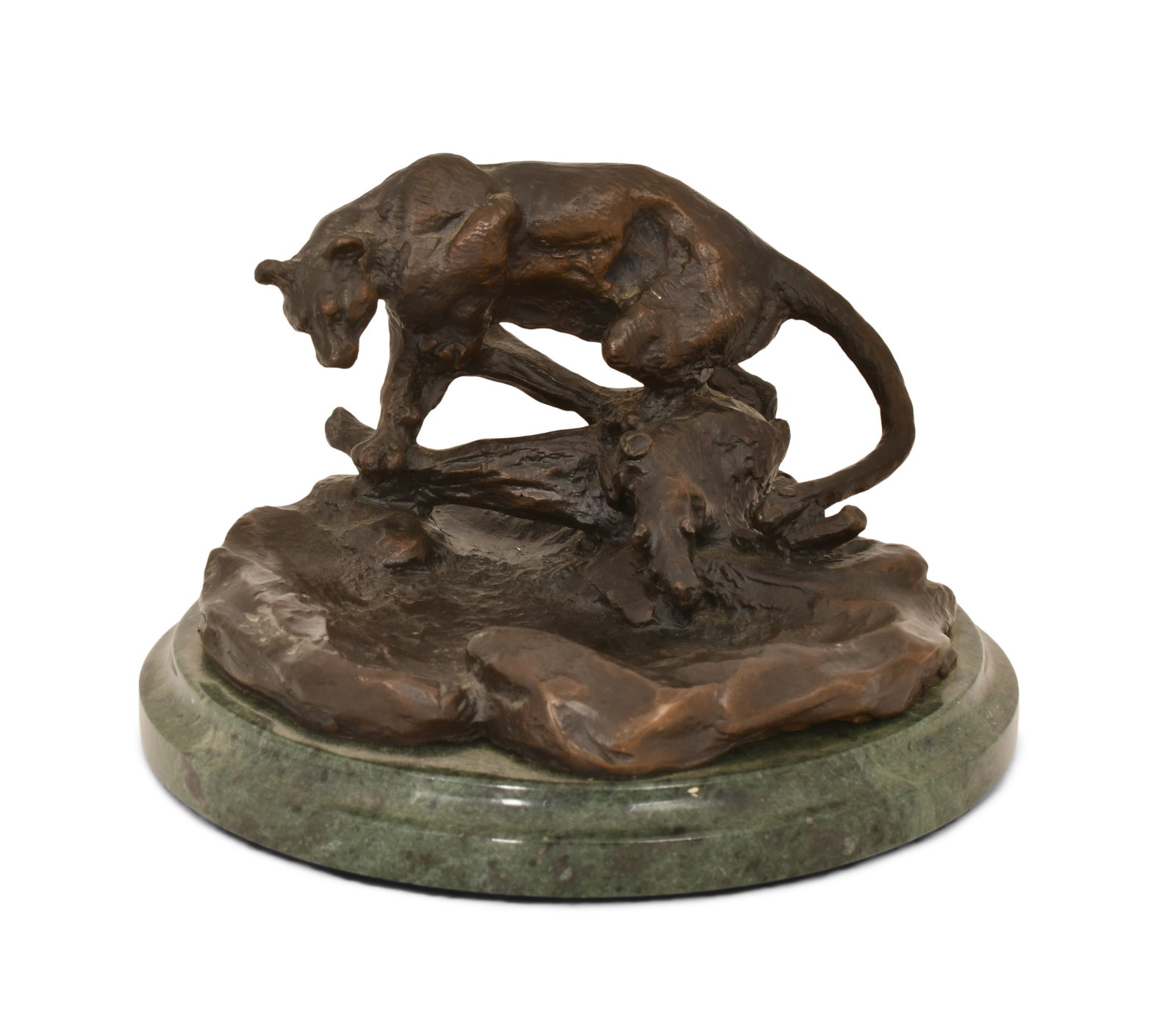 After Charles Marion Russell (American, 1864-1926), "Ready for the Kill": After Charles Marion Russell (American, 1864-1926) "Ready for the Kill" patinated bronze, marble signed "C.M. Russell" 4 1/2 x 7 inches