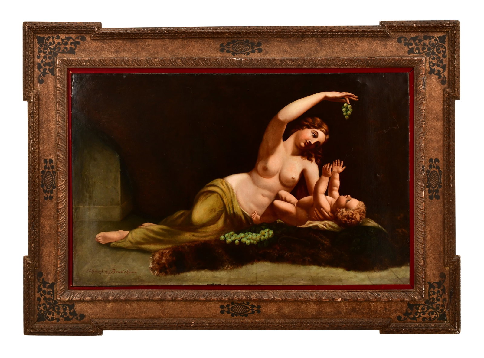 John Champion Bradshaw (British, 1847-1925), Nude Female Feeding a Baby Grapes: John Champion Bradshaw (British, 1847-1925) Nude Female Feeding a Baby Grapes oil on canvas signed "J. Champion Bradshaw" (lower left) 33 x 52 inches (canvas) 49 x 67 inches (frame) Provenance: Pri